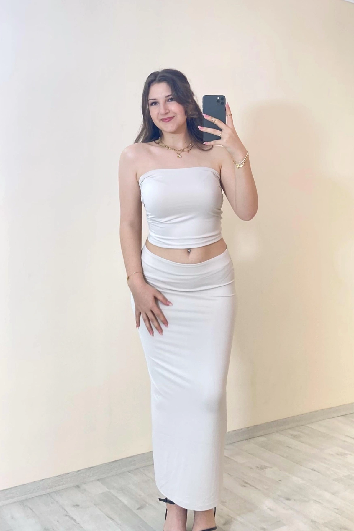 Bandeau Bustier & Maxi Etek Takım Beyaz