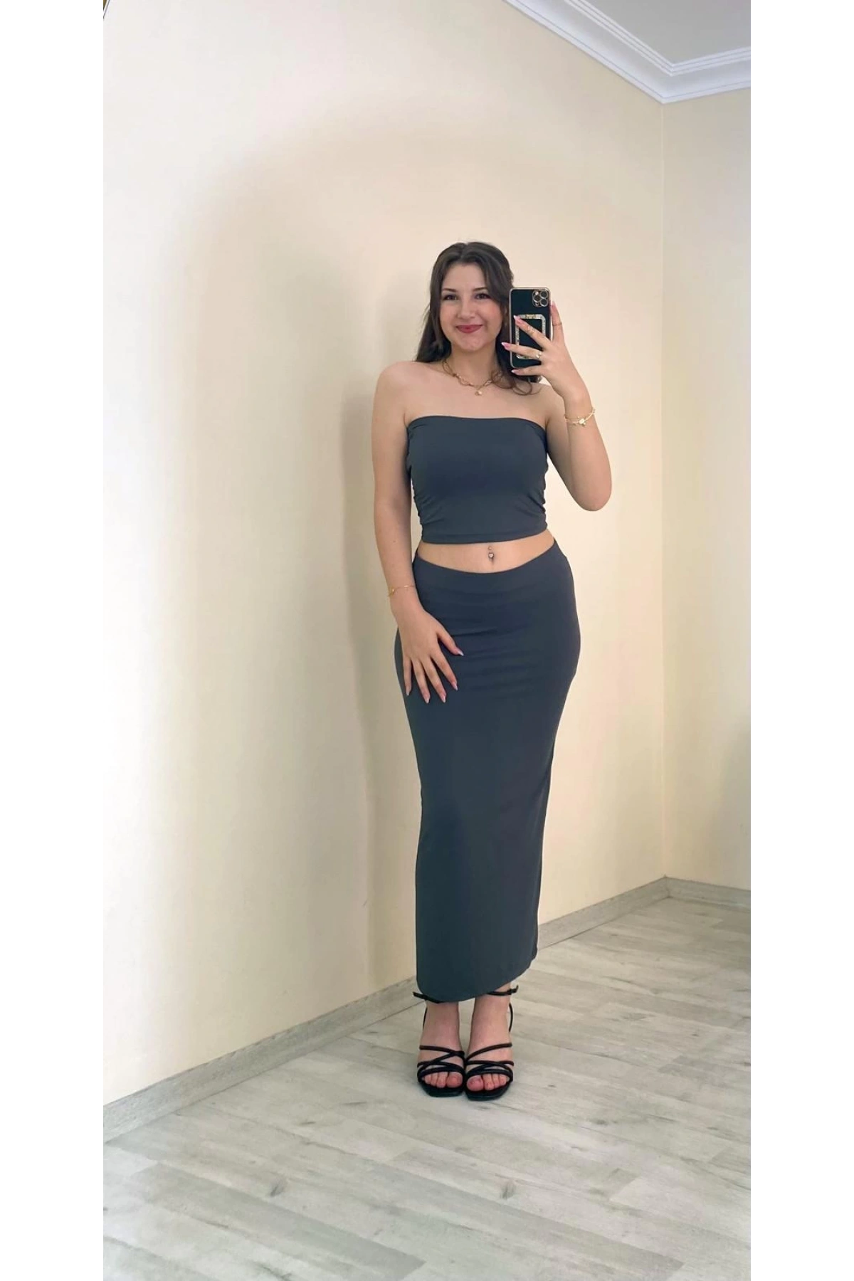 Bandeau Bustier & Maxi Etek Takım Gri