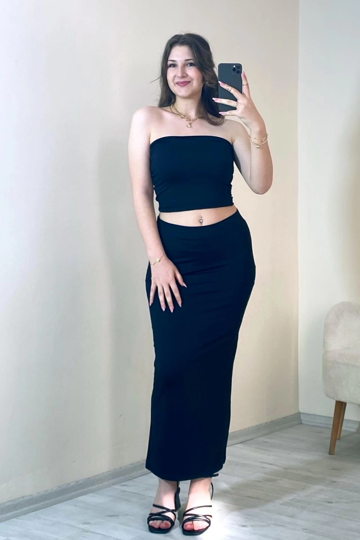 Bandeau Bustier & Maxi Etek Takım Siyah