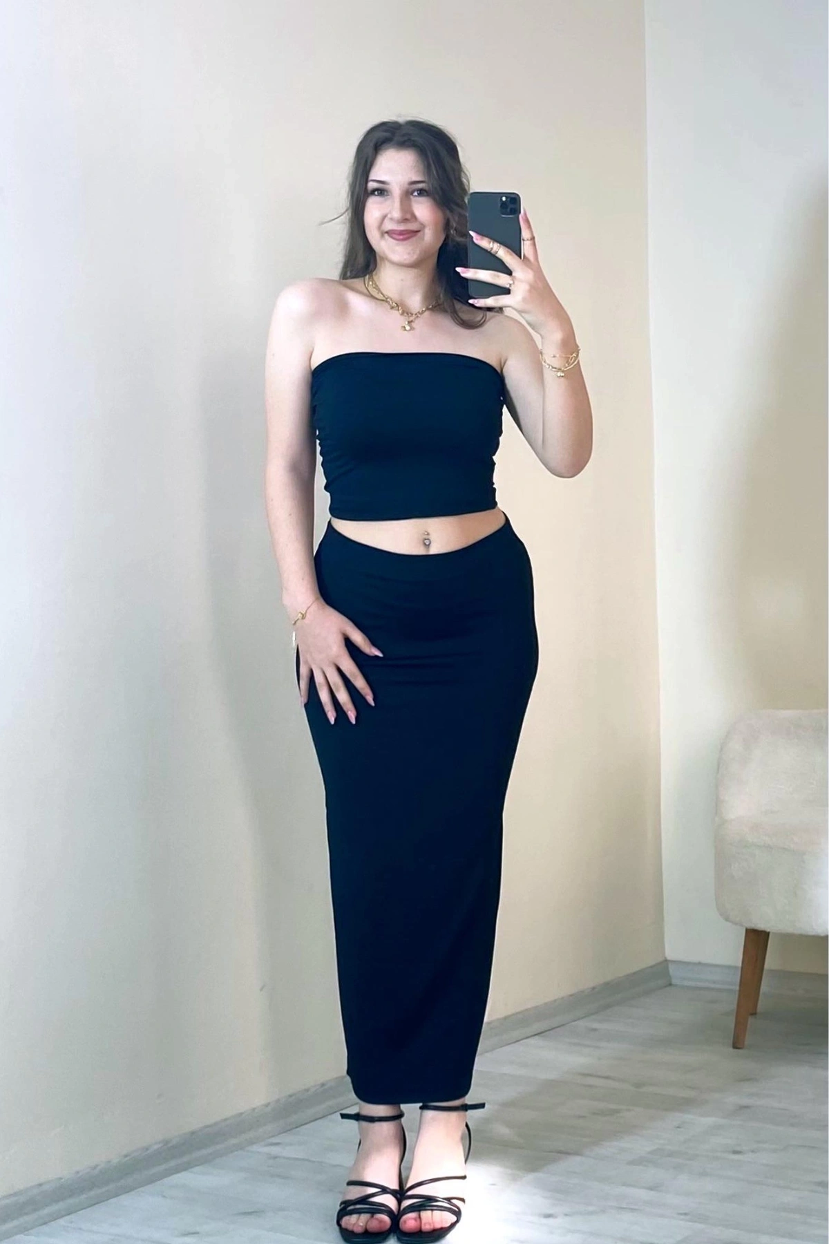 Bandeau Bustier & Maxi Etek Takım Siyah