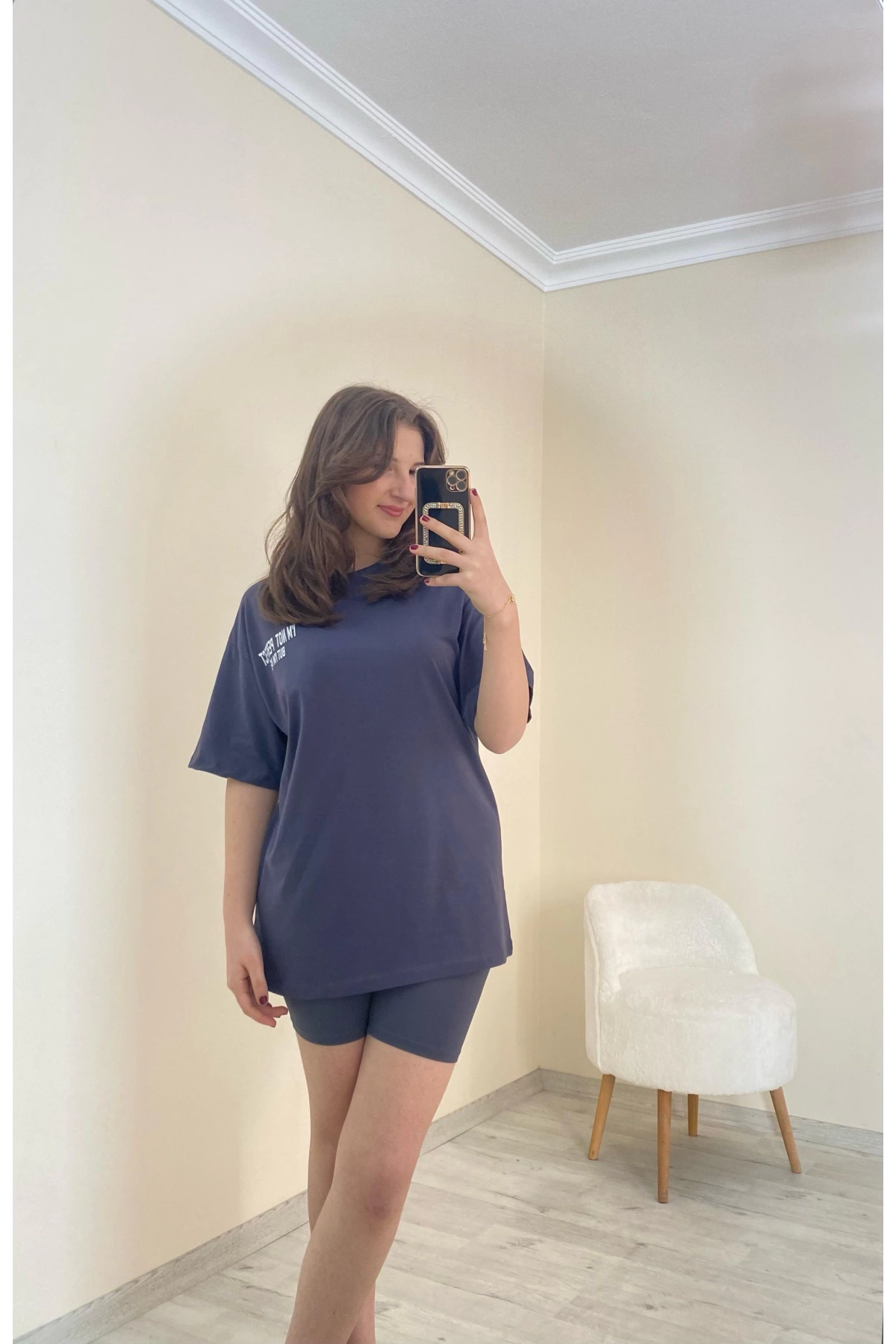 Baskılı Oversize Tişört Füme