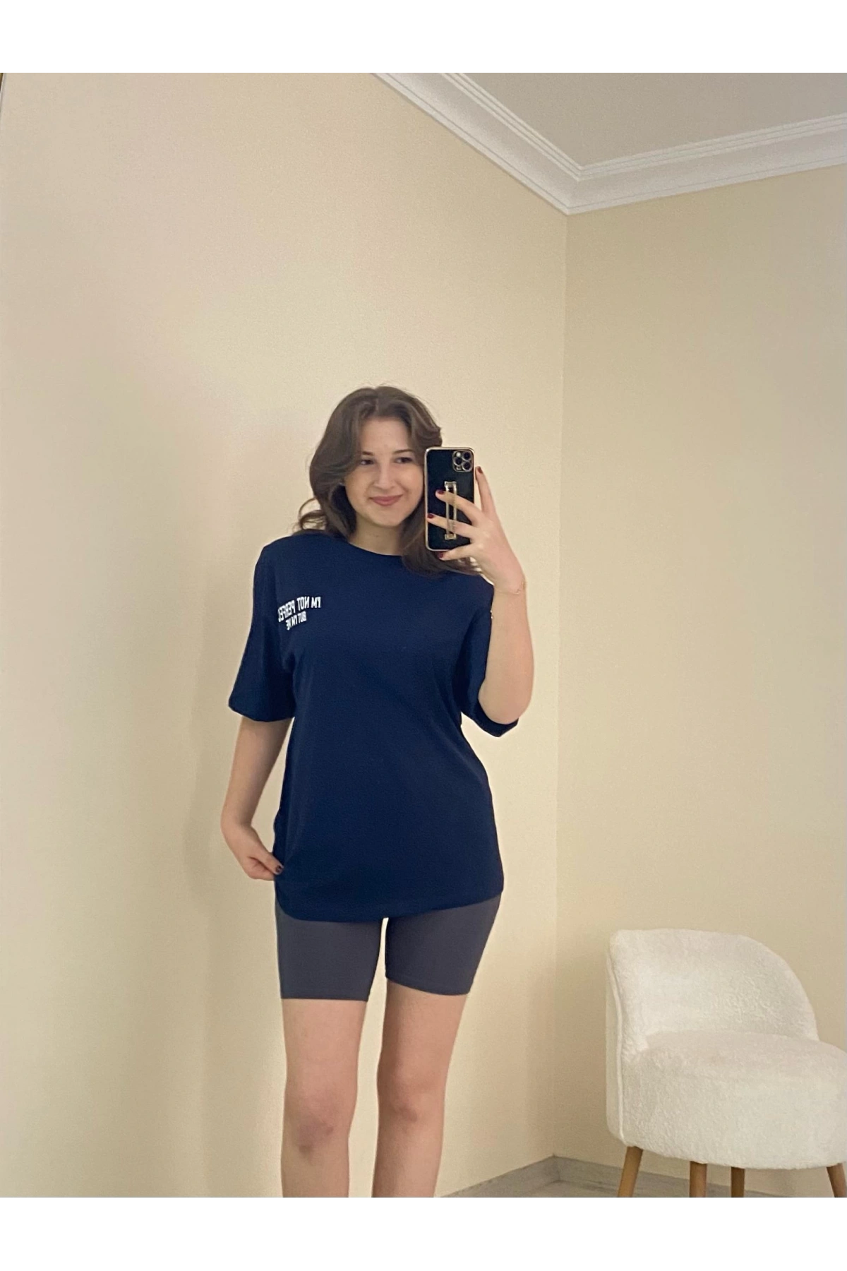 Baskılı Oversize Tişört Lacivert