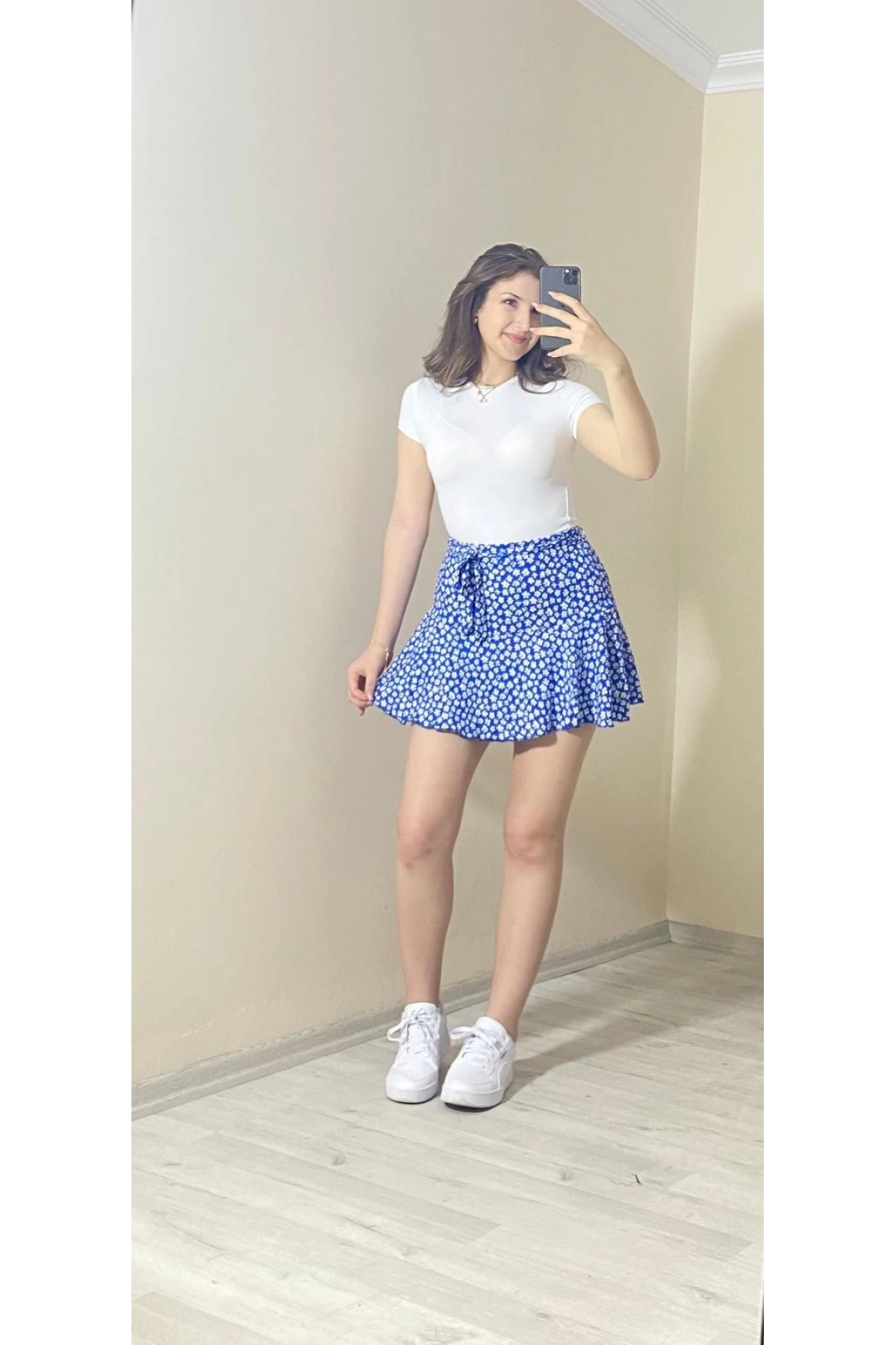 Belden Bağlama Detaylı Şort Etek Mavi