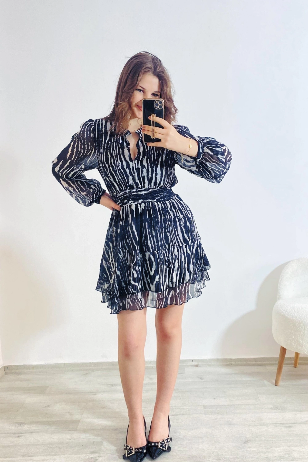 Beli Lastikli Astarlı Tül Mini Elbise