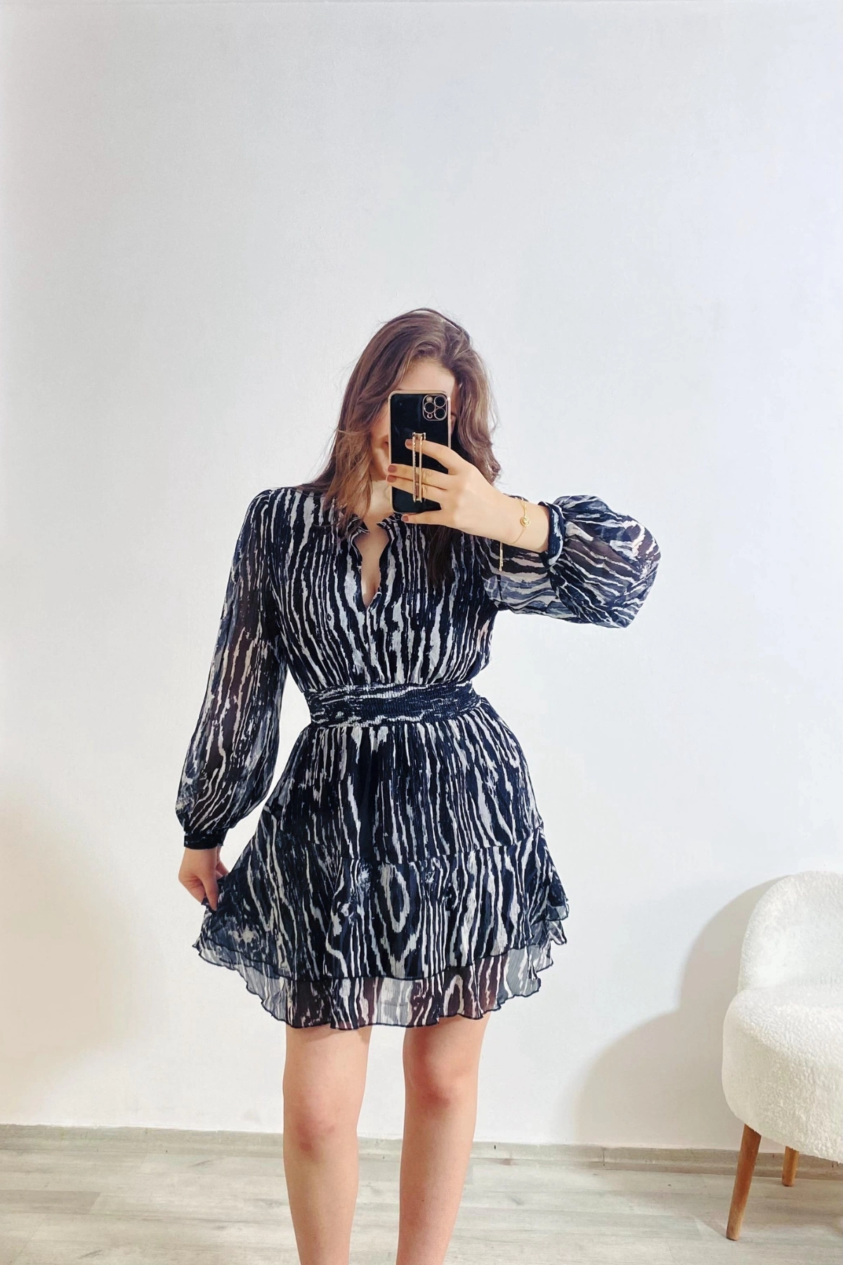 Beli Lastikli Astarlı Tül Mini Elbise