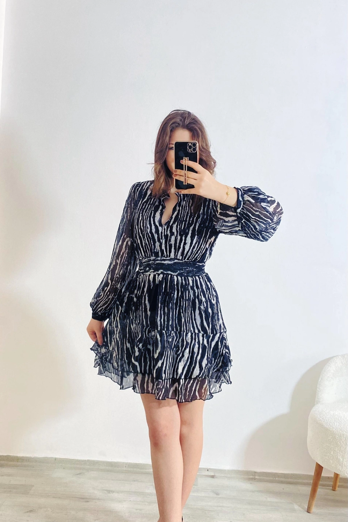 Beli Lastikli Astarlı Tül Mini Elbise