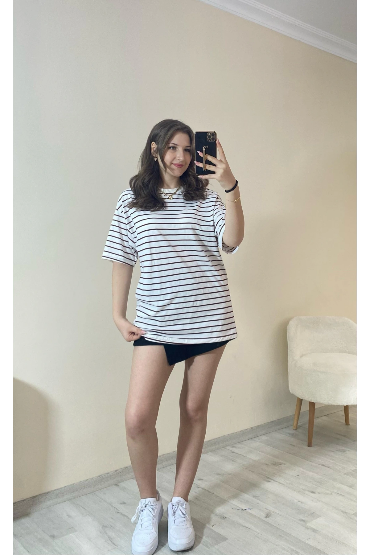 Bordo Çizgili Oversize Tişört