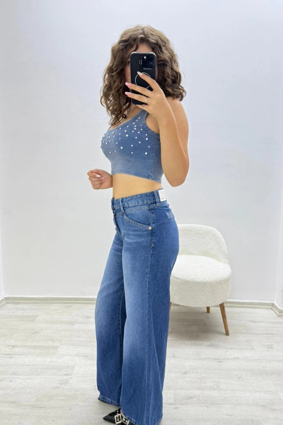 Yüksek Bel Rahat Fit Koyu Mavi Pantolon