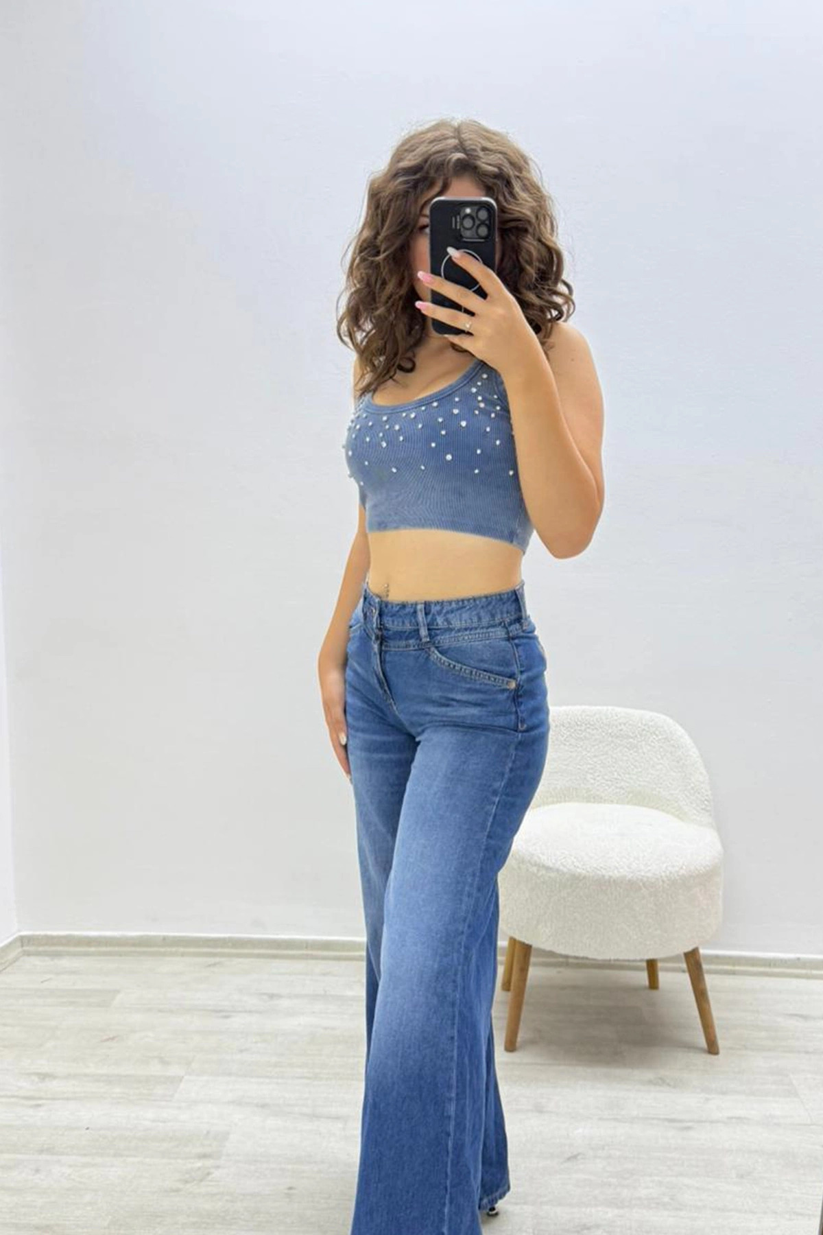 Yüksek Bel Rahat Fit Koyu Mavi Pantolon