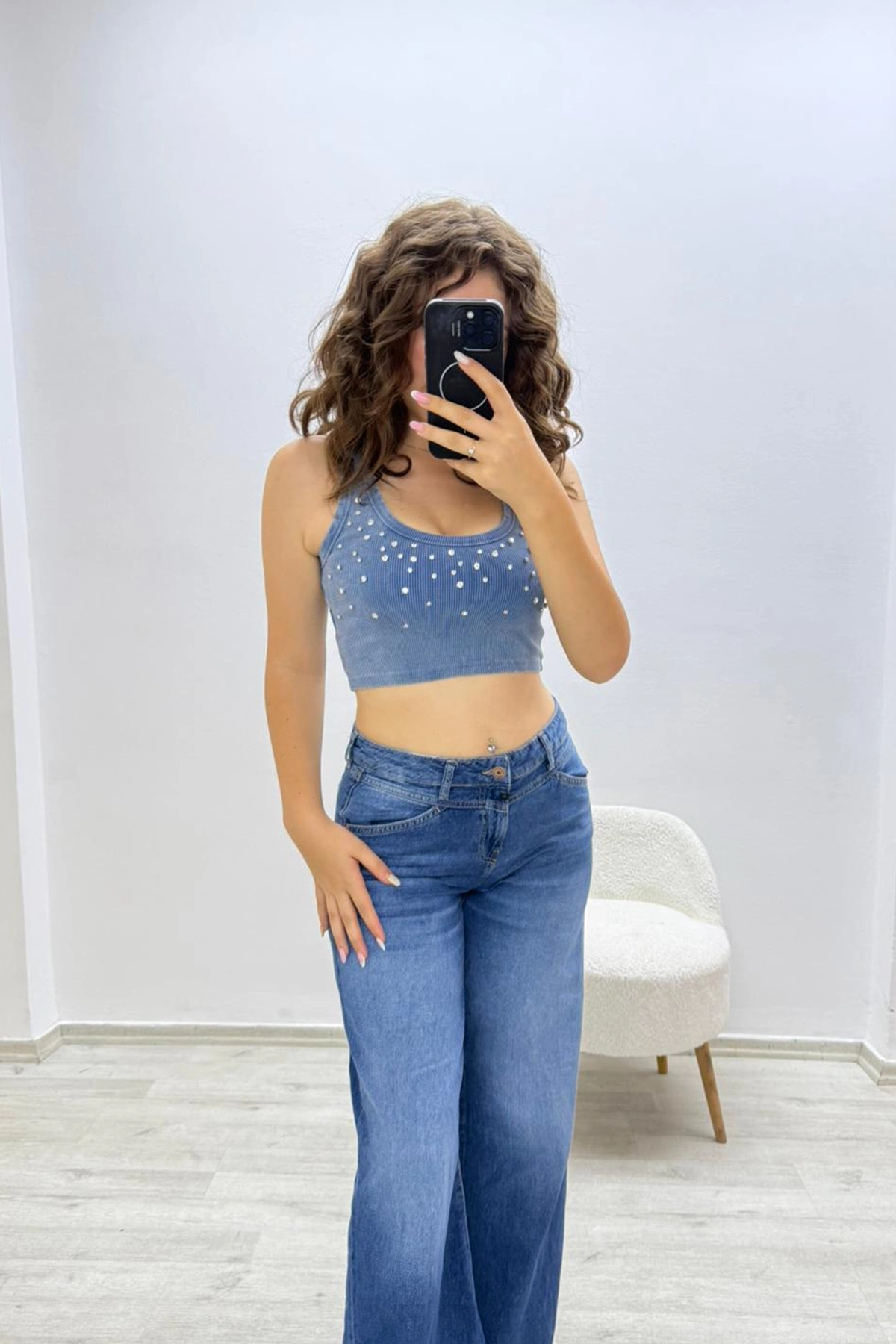 Yüksek Bel Rahat Fit Koyu Mavi Pantolon