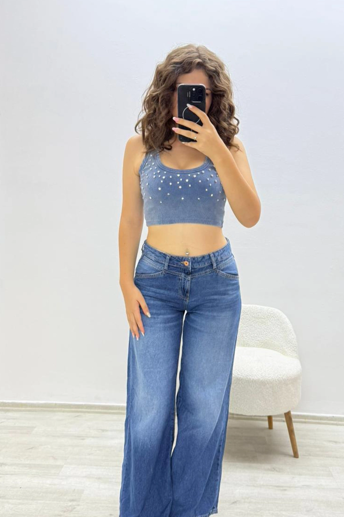 Yüksek Bel Rahat Fit Koyu Mavi Pantolon