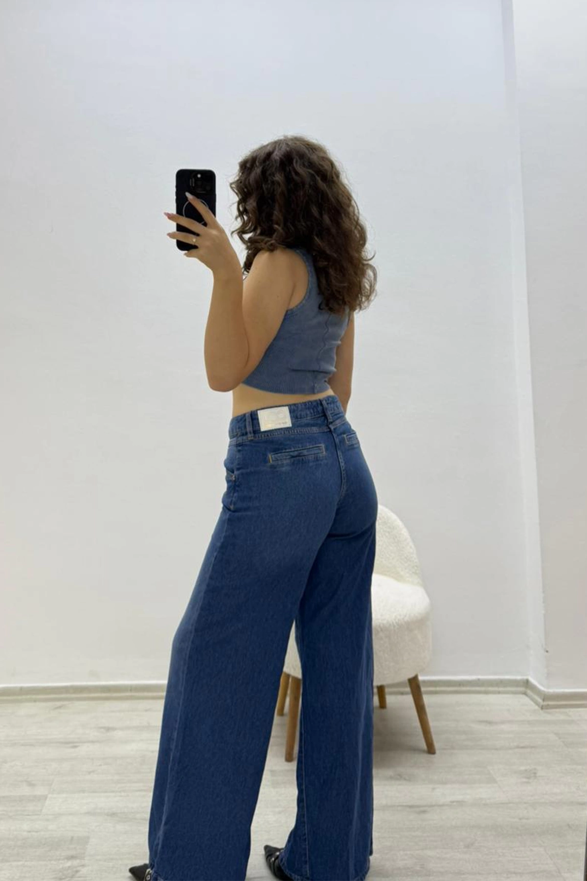 Yüksek Bel Rahat Fit Koyu Mavi Pantolon