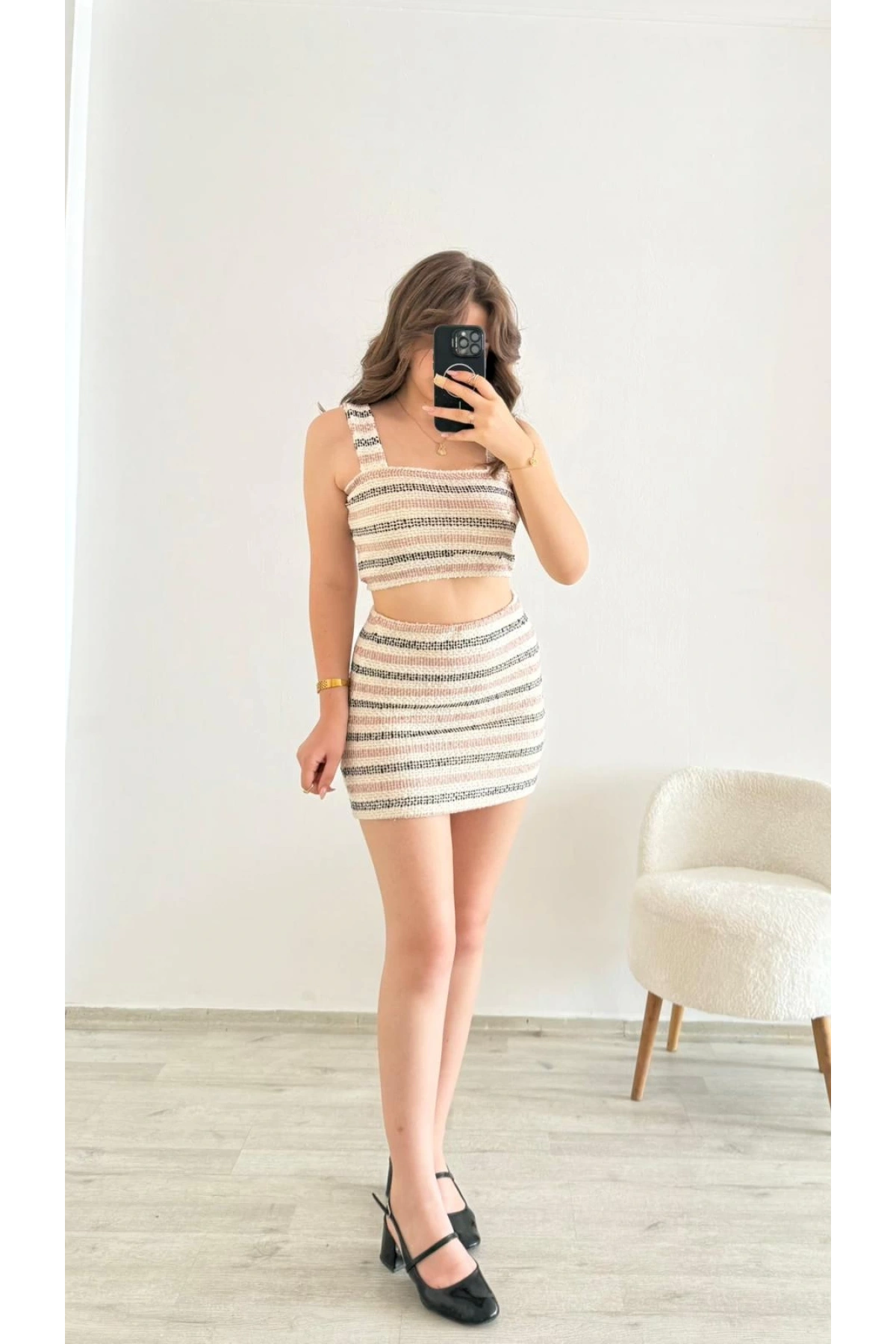Crop Top & Mini Etek 3 Takım Çizgili