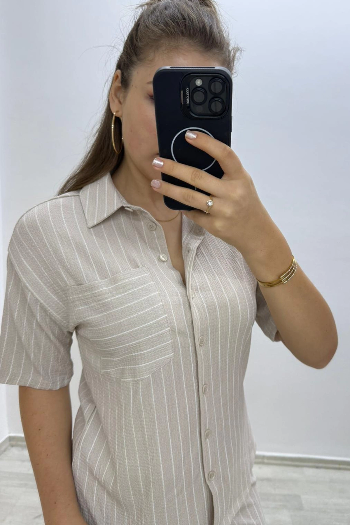 Çizgili Ekru Alt Üst Takım