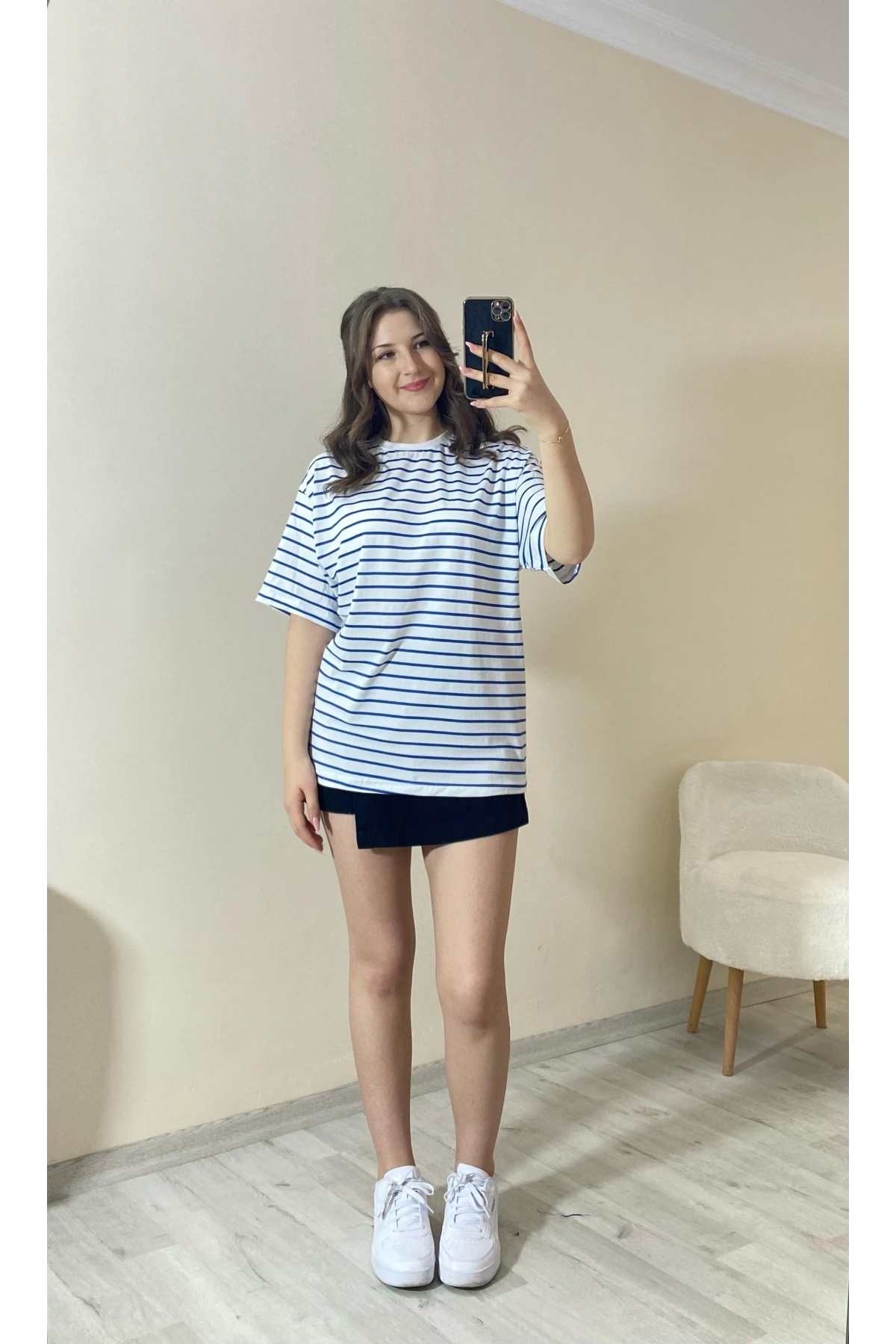 Mavi Çizgili Oversize Tişört