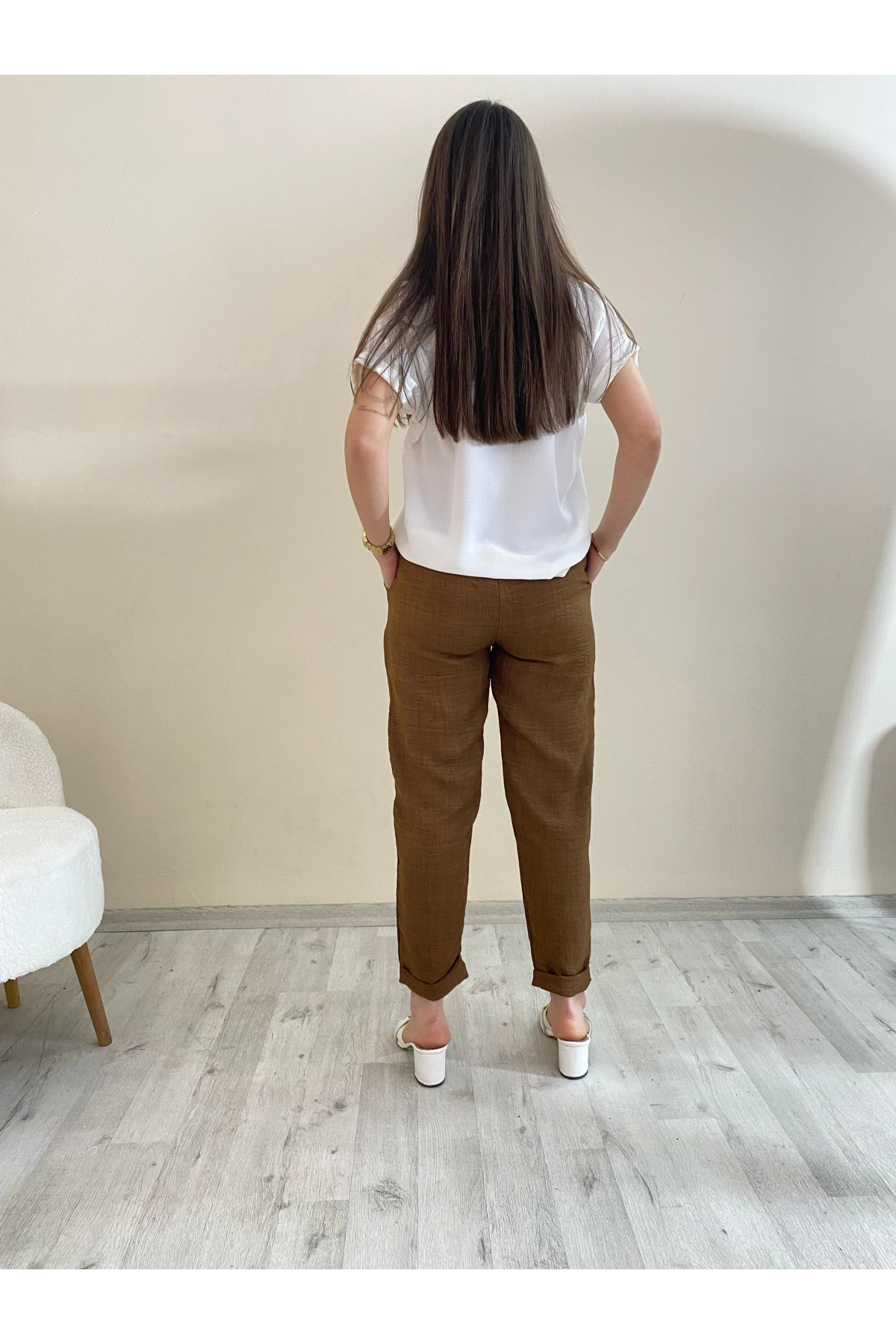 Flamalı Keten Duble Paça Pantolon Camel