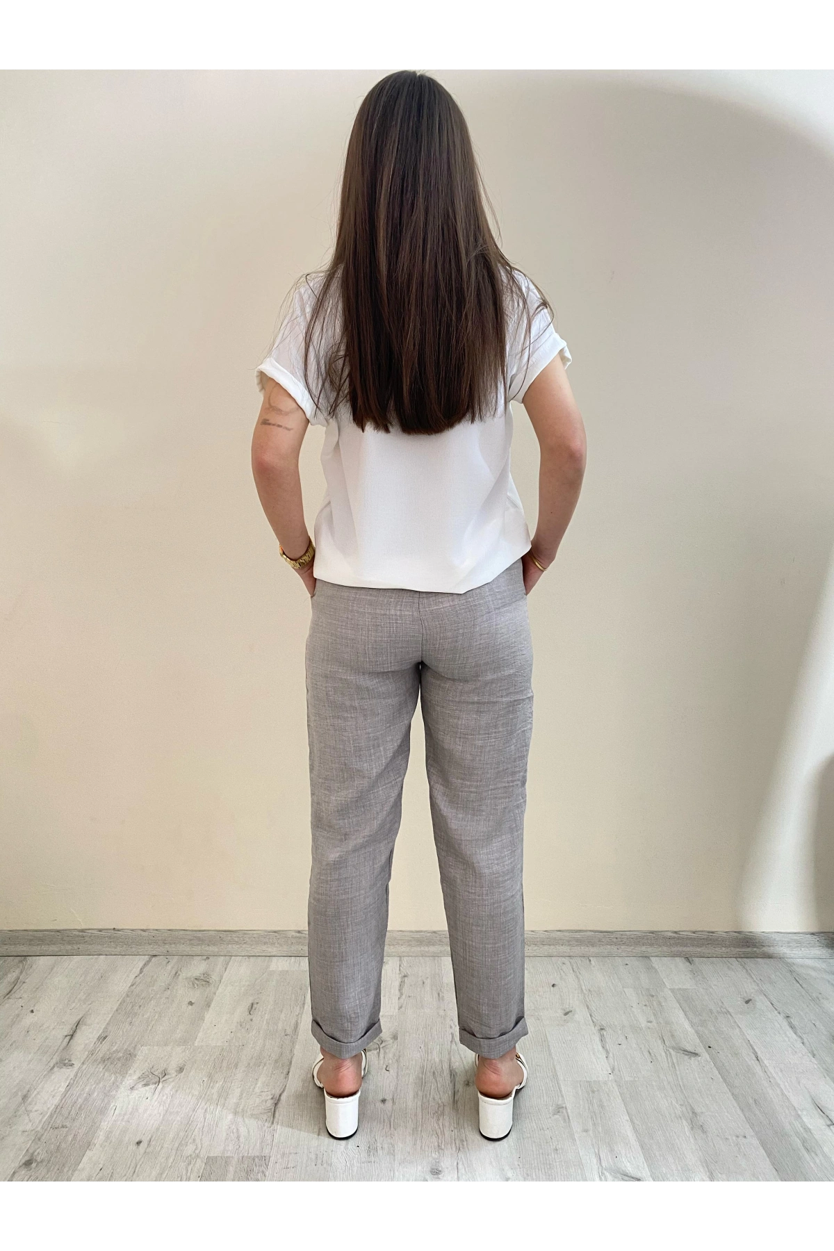 Flamalı Keten Duble Paça Pantolon Gri Renk