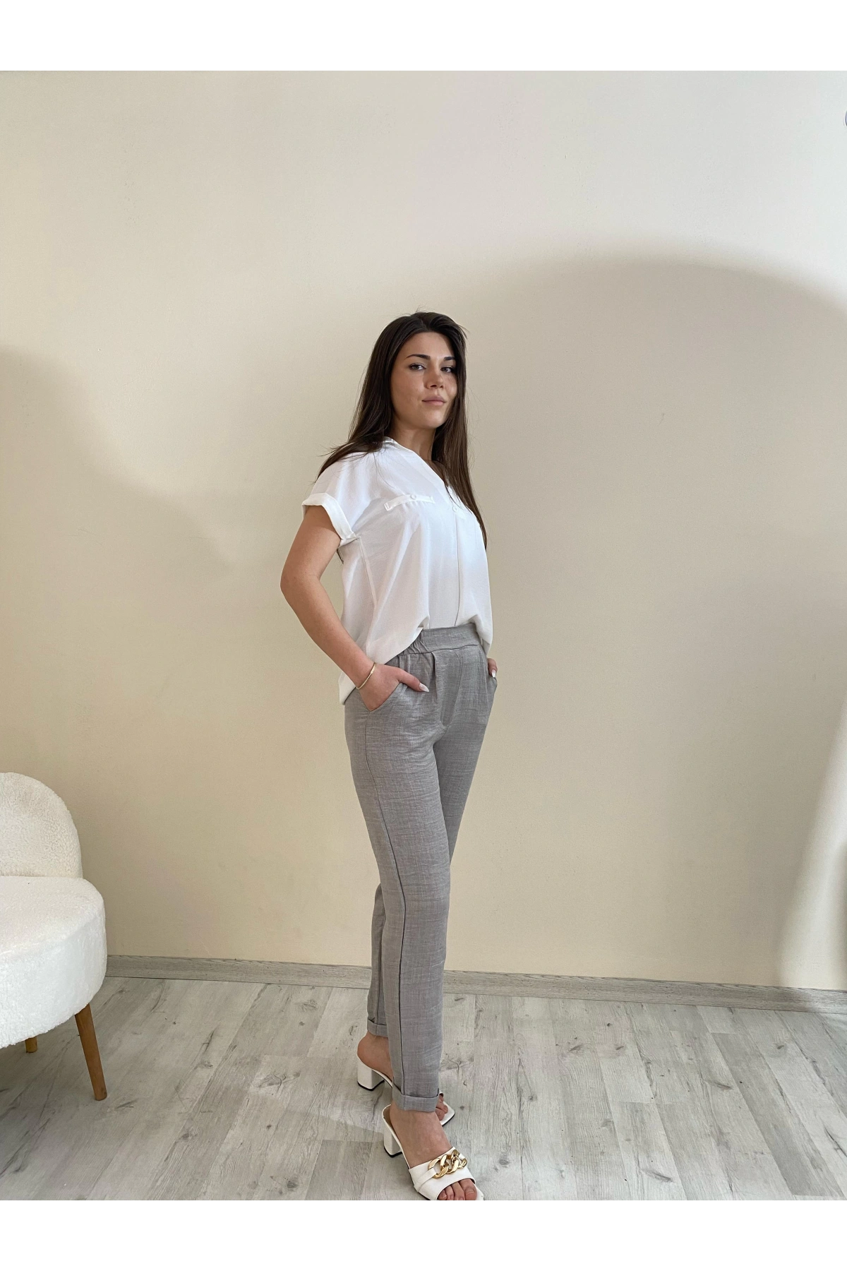 Flamalı Keten Duble Paça Pantolon Gri Renk