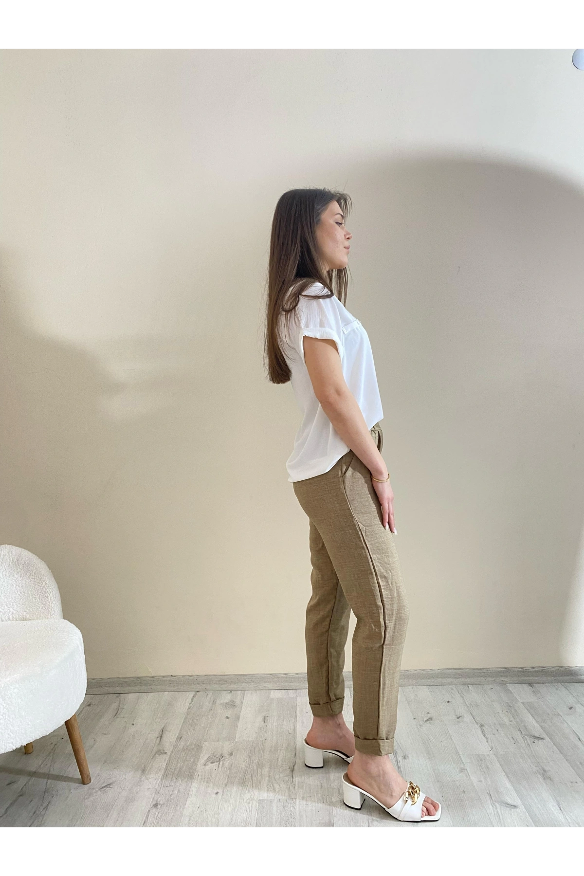 Flamalı Keten Duble Paça Pantolon Kahve