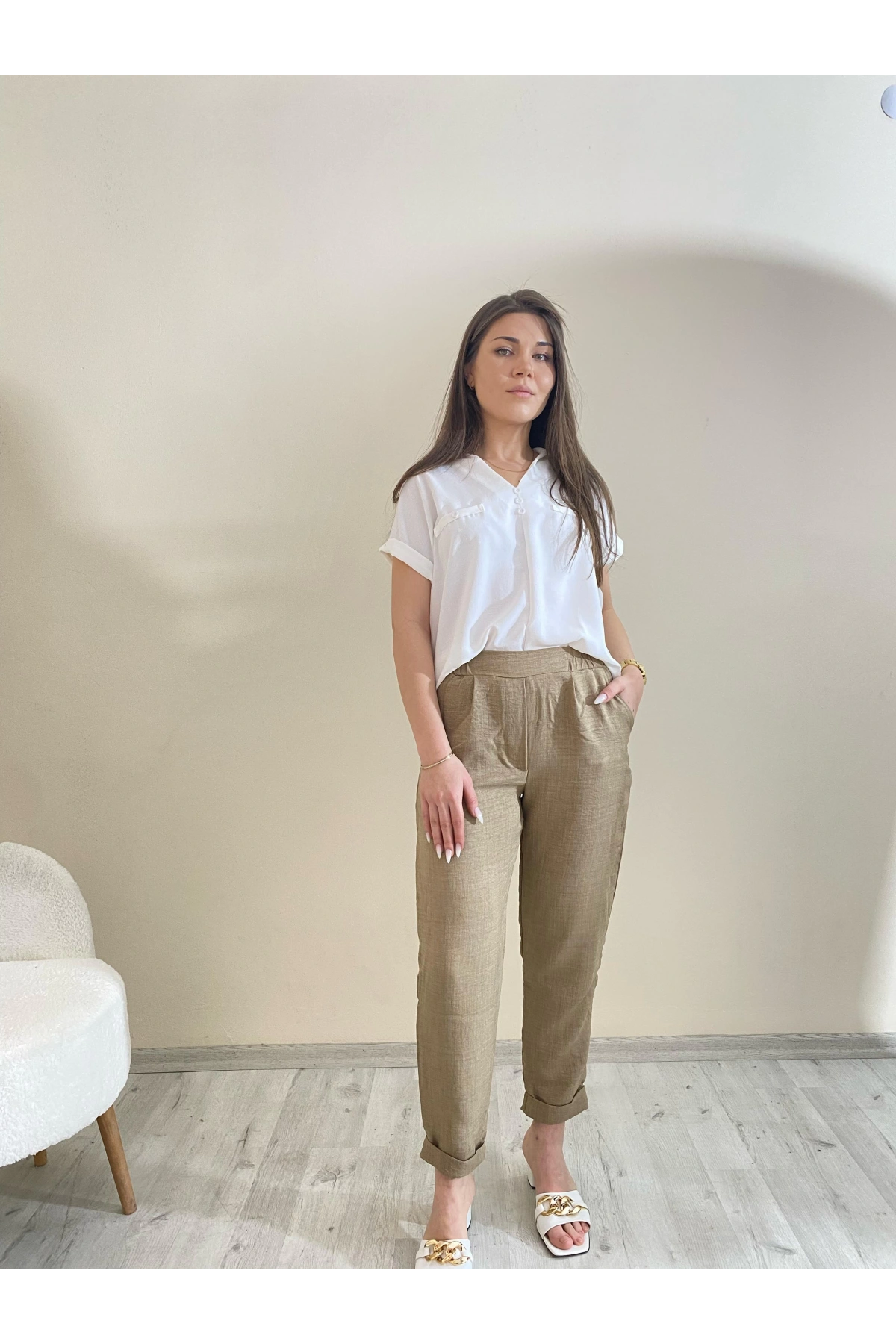 Flamalı Keten Duble Paça Pantolon Kahve
