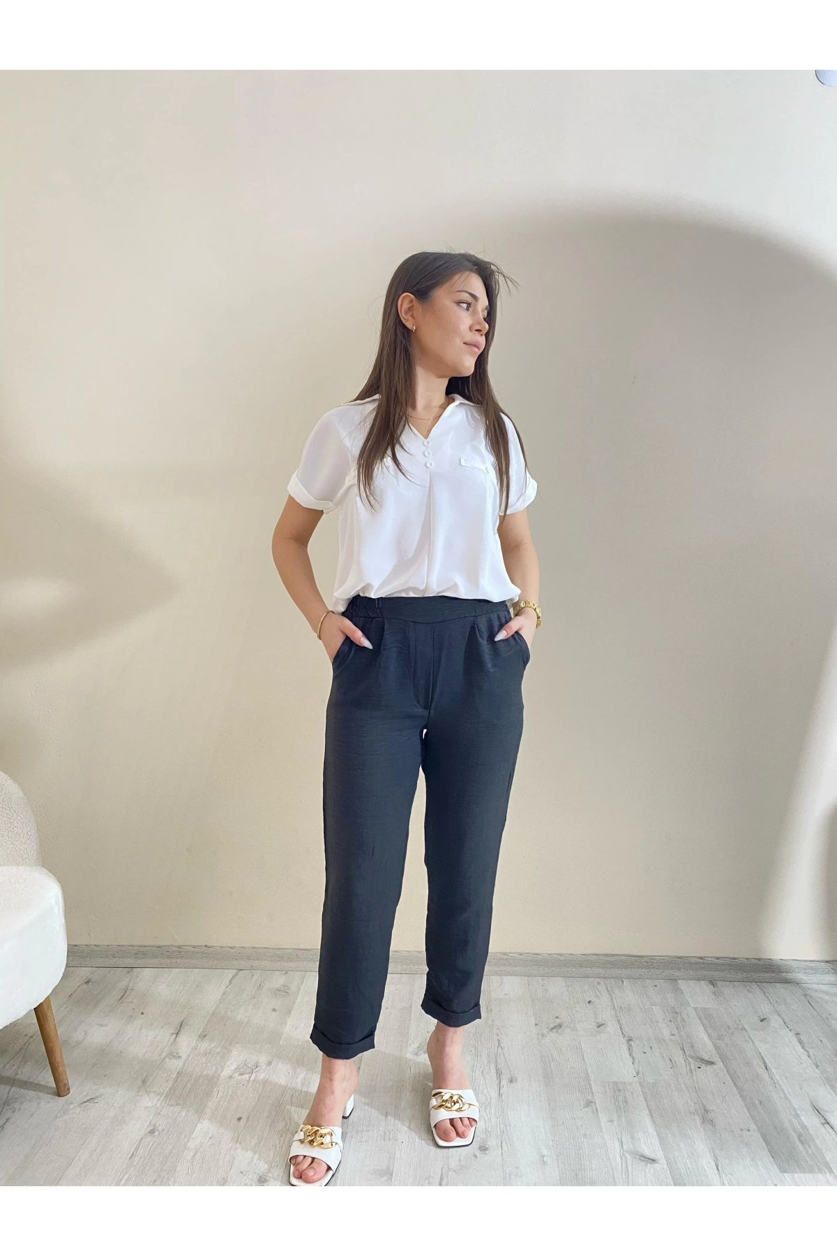 Flamalı Keten Duble Paça Pantolon Siyah