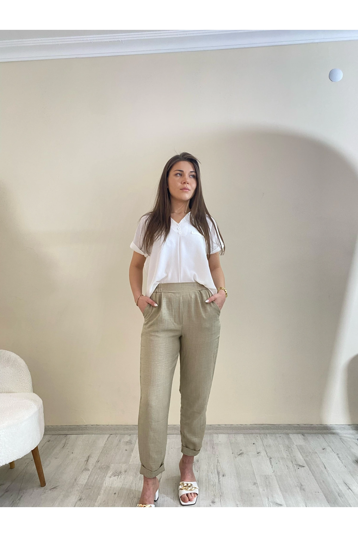 Flamalı Keten Duble Paça Pantolon Taş Rengi