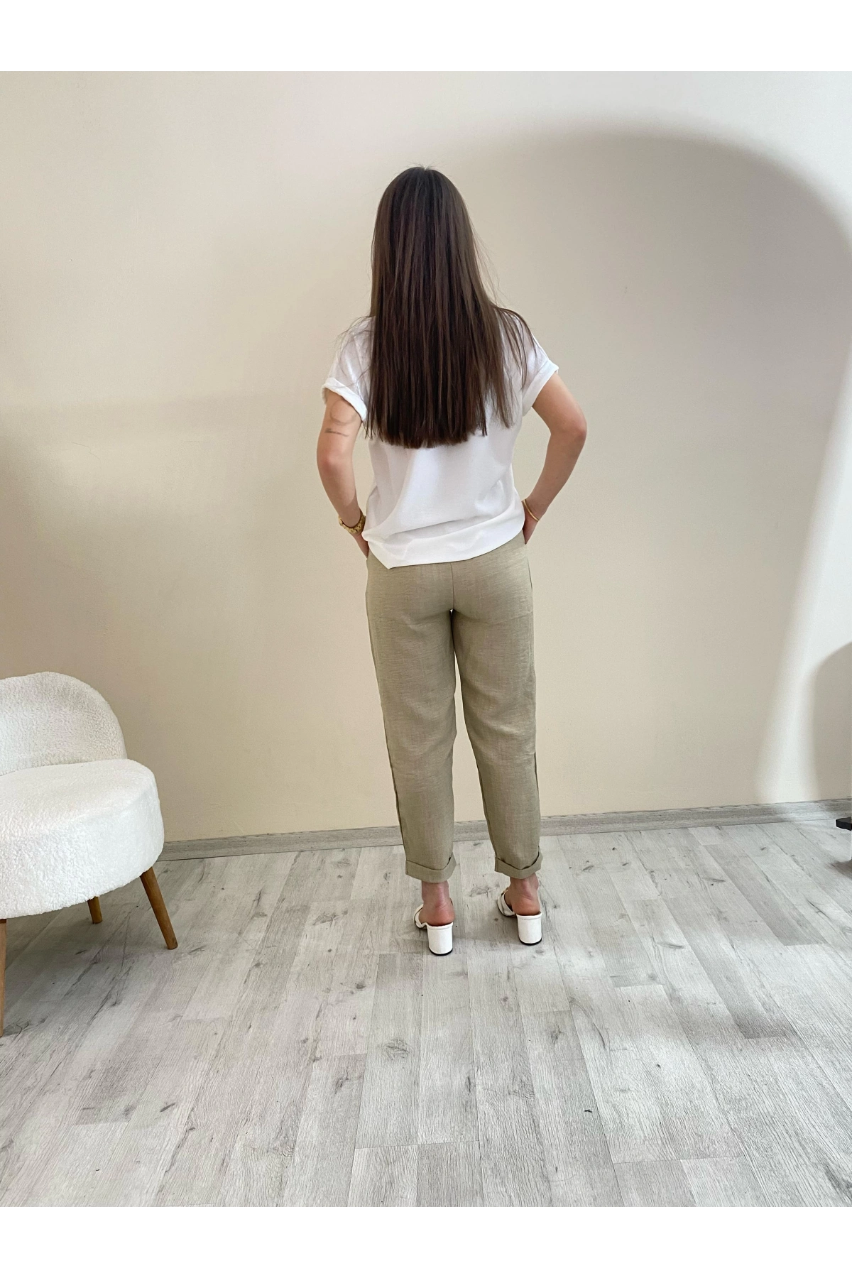 Flamalı Keten Duble Paça Pantolon Taş Rengi