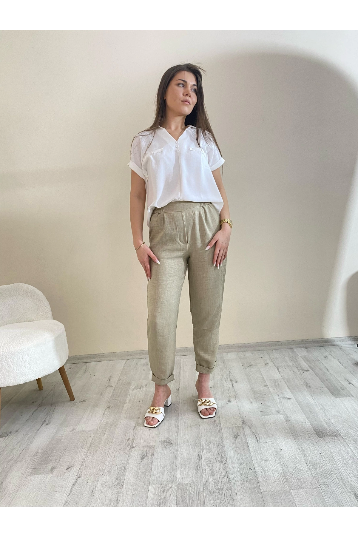 Flamalı Keten Duble Paça Pantolon Taş Rengi