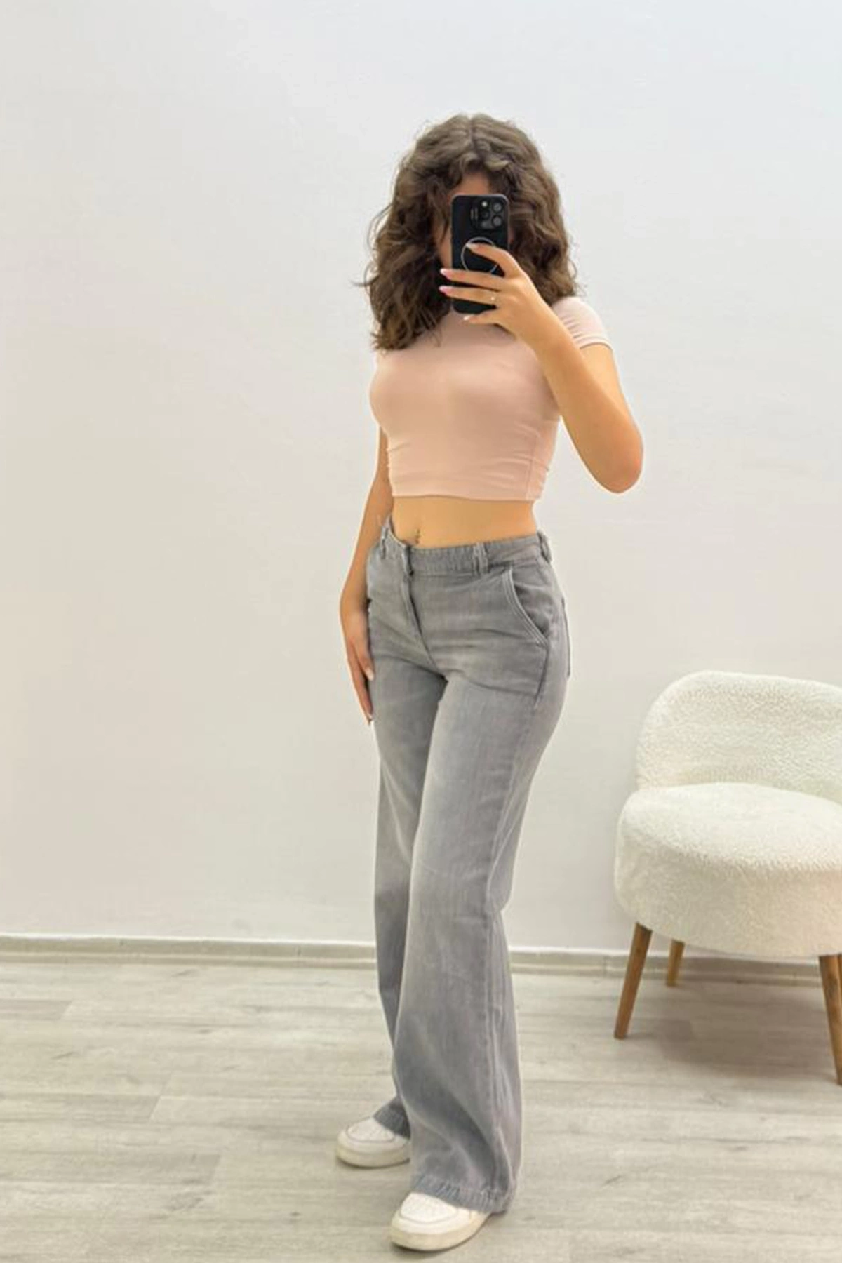 Geniş Paça Gri Jean Pantolon