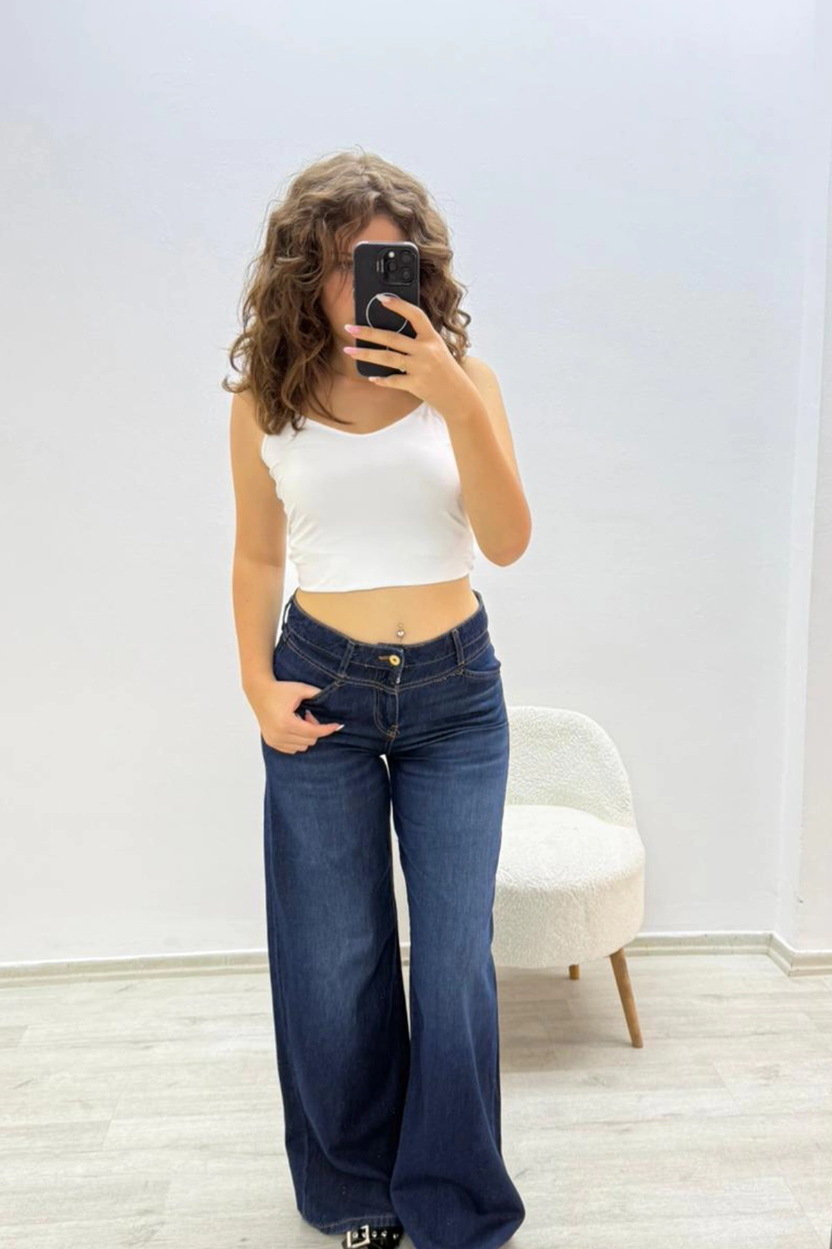 Geniş Paça Koyu Mavi Jean Pantolon