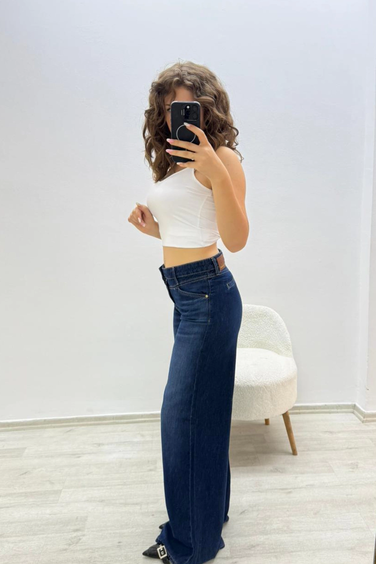 Geniş Paça Koyu Mavi Jean Pantolon