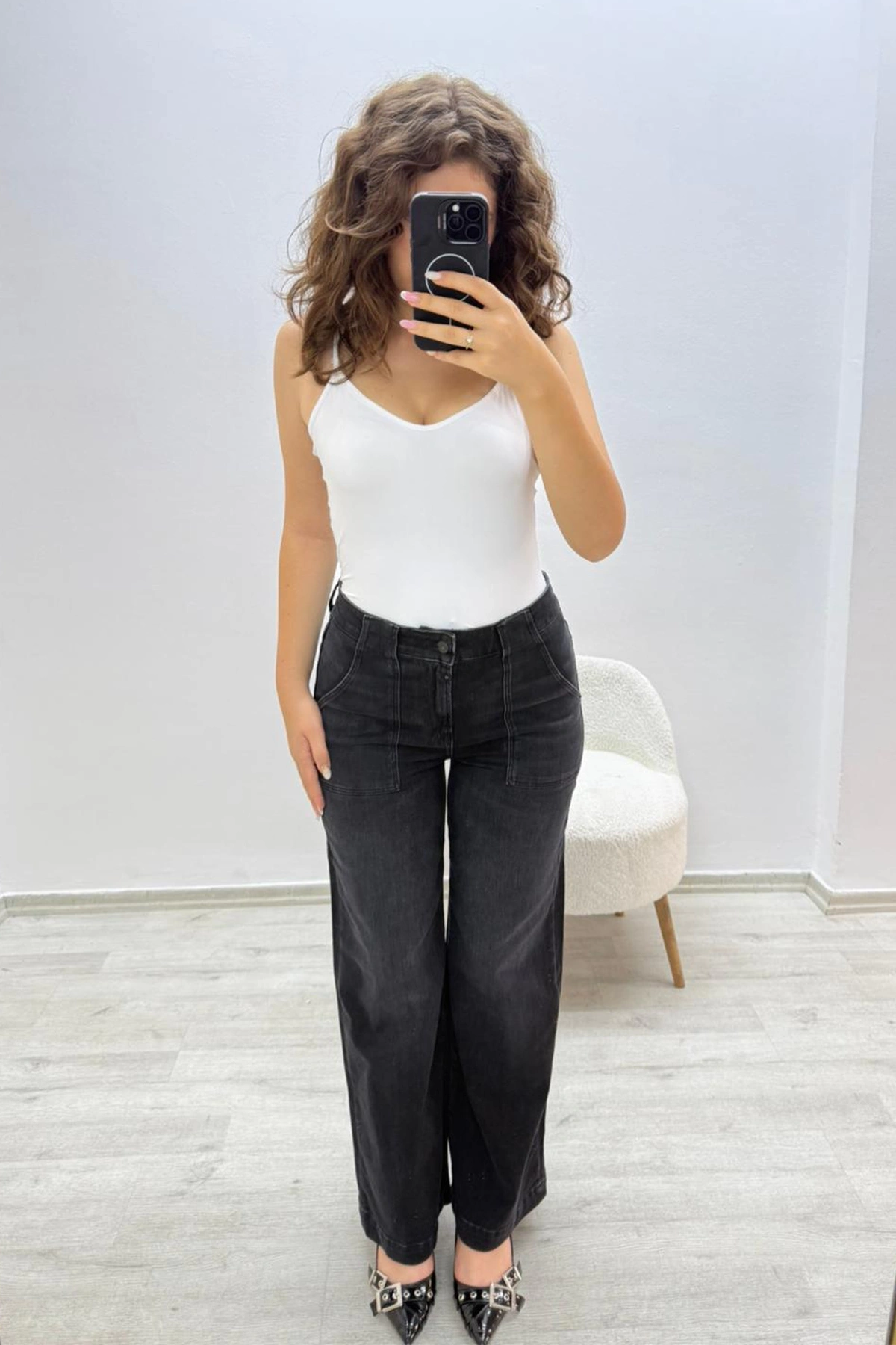 Geniş Paça Siyah Jean Pantolon