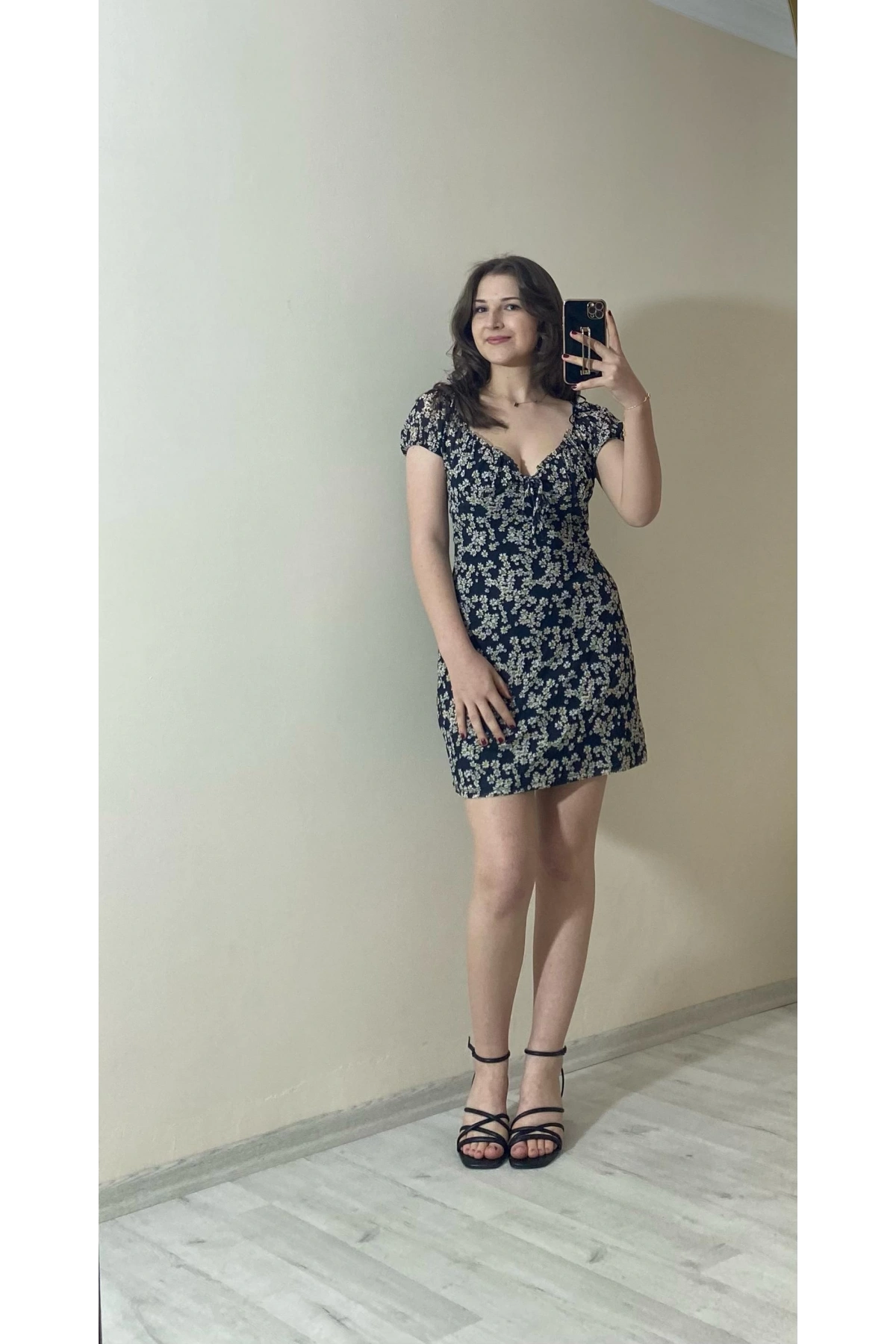 İçi Astarlı Dokuma Tül Elbise Siyah Çiçekli