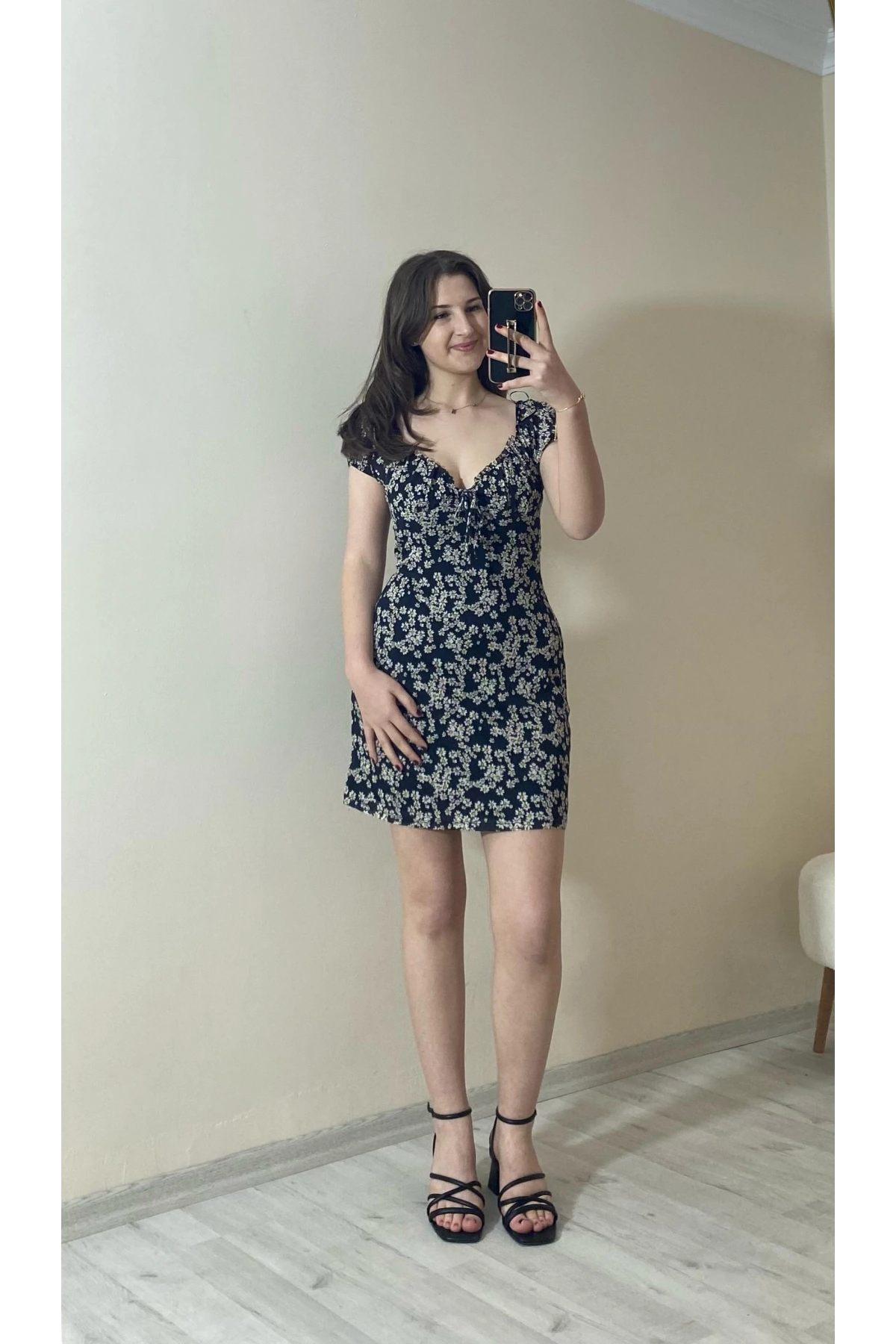 İçi Astarlı Dokuma Tül Elbise Siyah Çiçekli