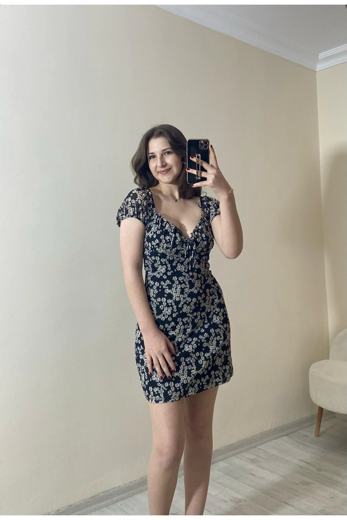 İçi Astarlı Dokuma Tül Elbise Siyah Çiçekli