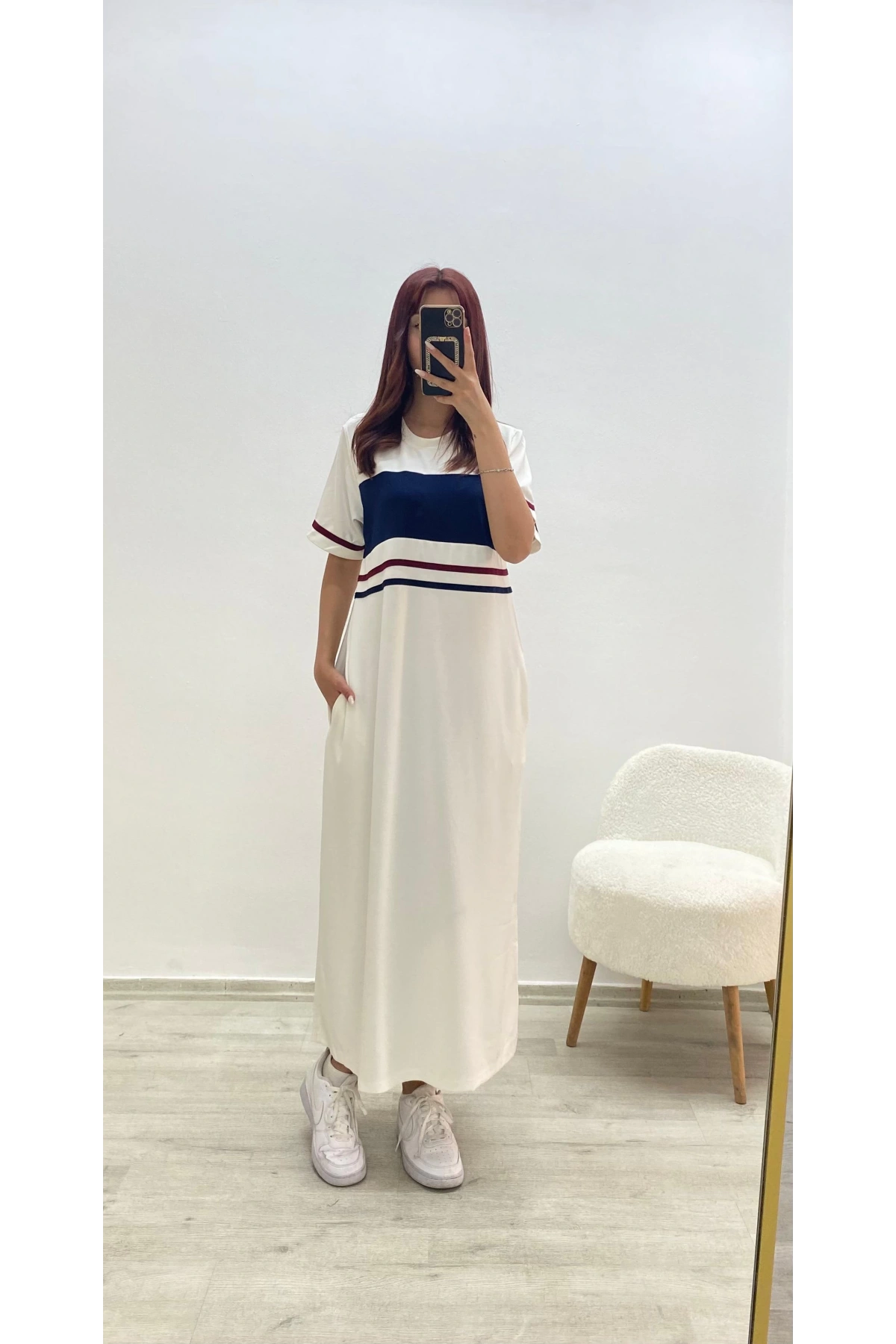 Bloklu Cepli Spor Elbise Beyaz