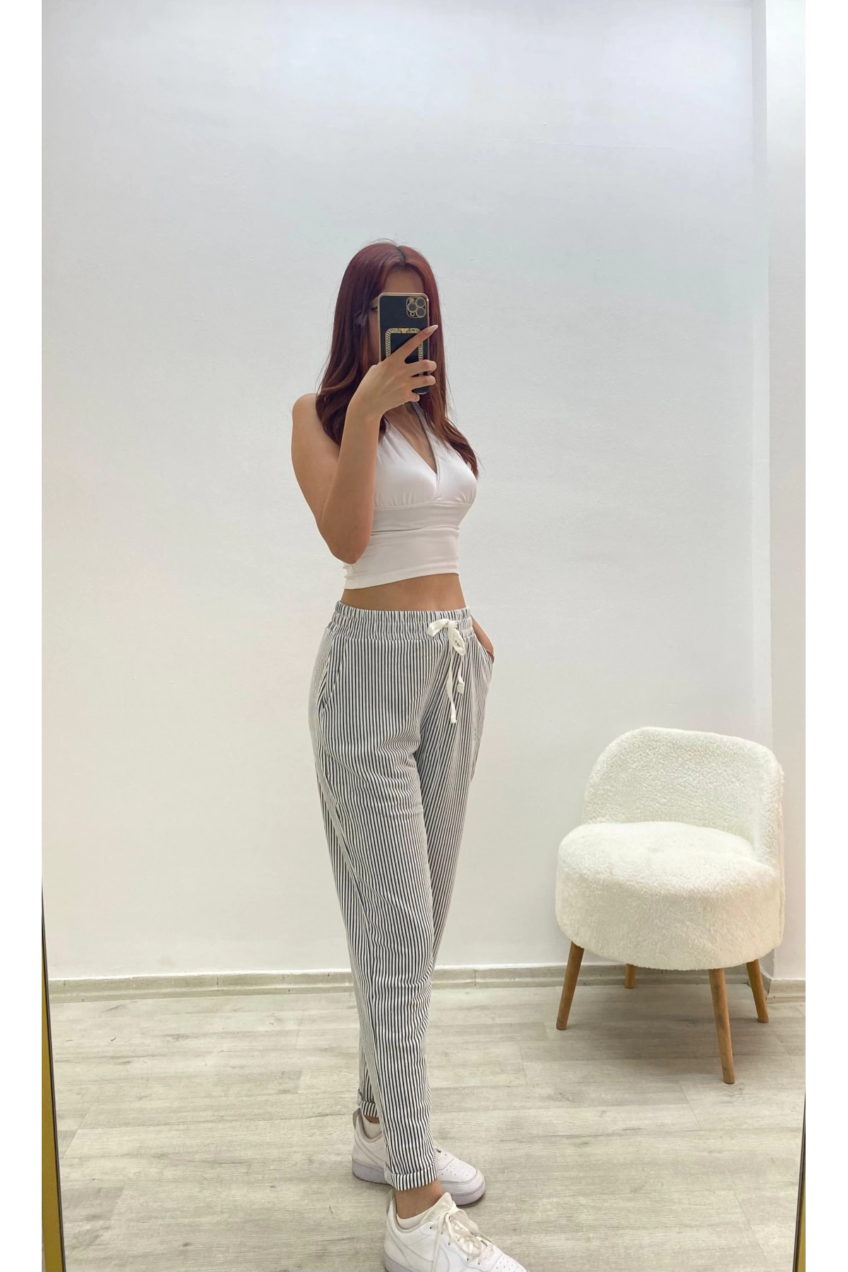 Çizgili Rahat Kesim Pantolon Siyah