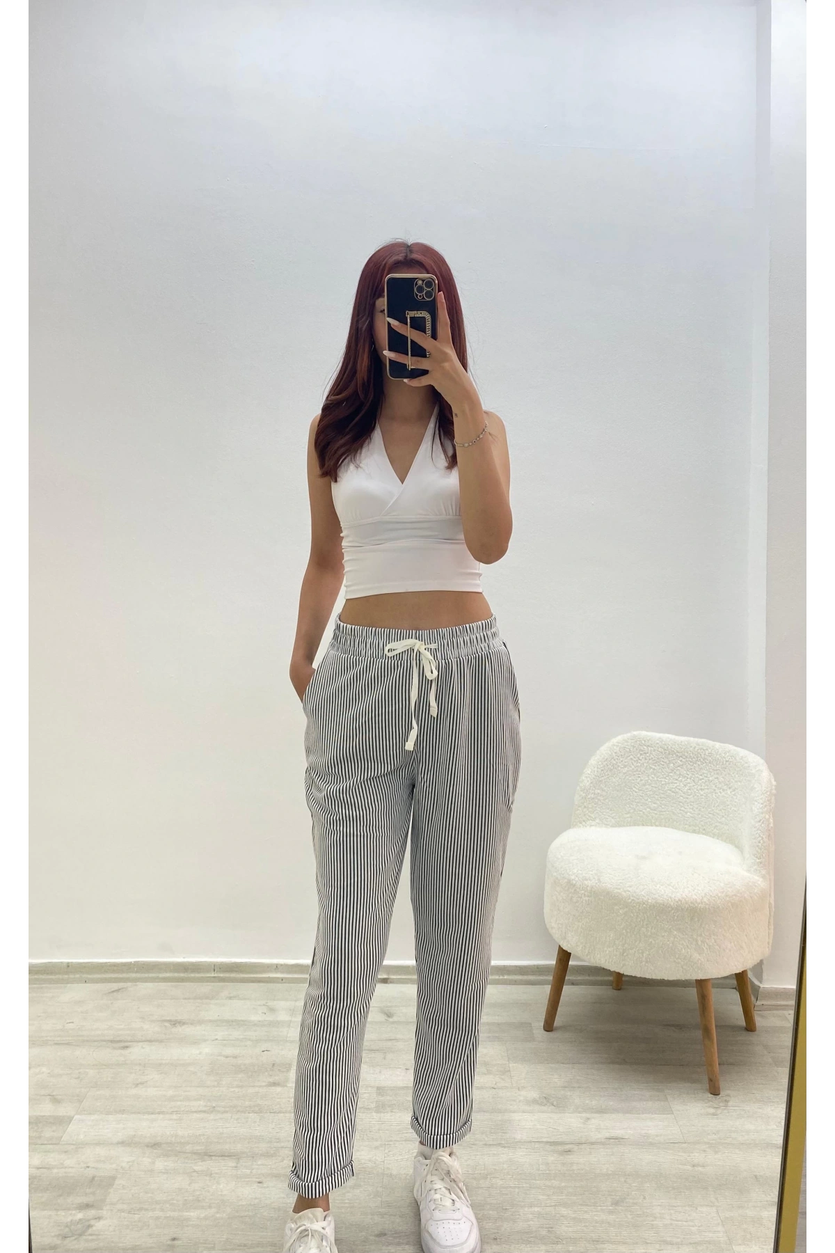Çizgili Rahat Kesim Pantolon Siyah