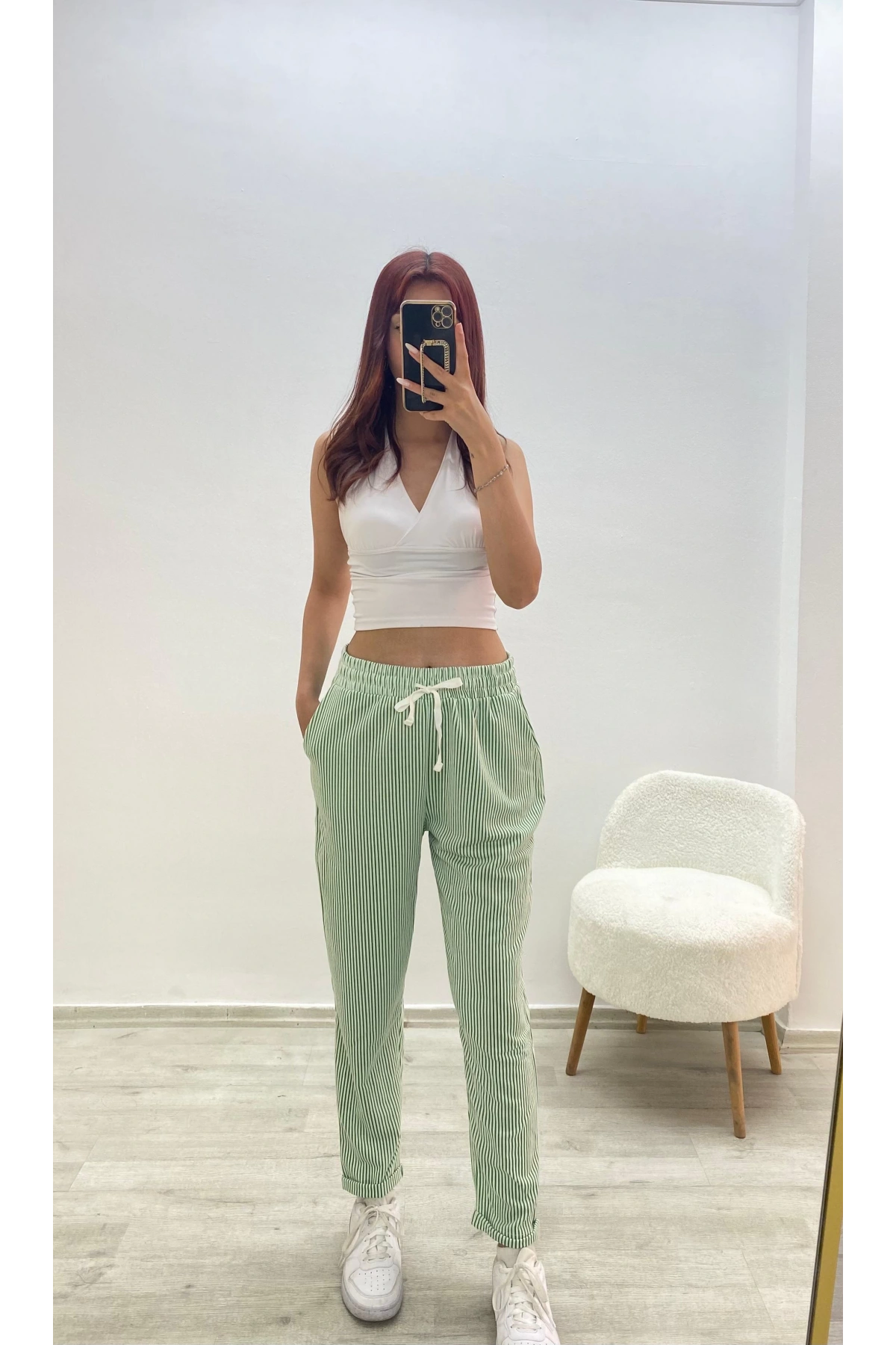 Çizgili Rahat Kesim Pantolon Yeşil
