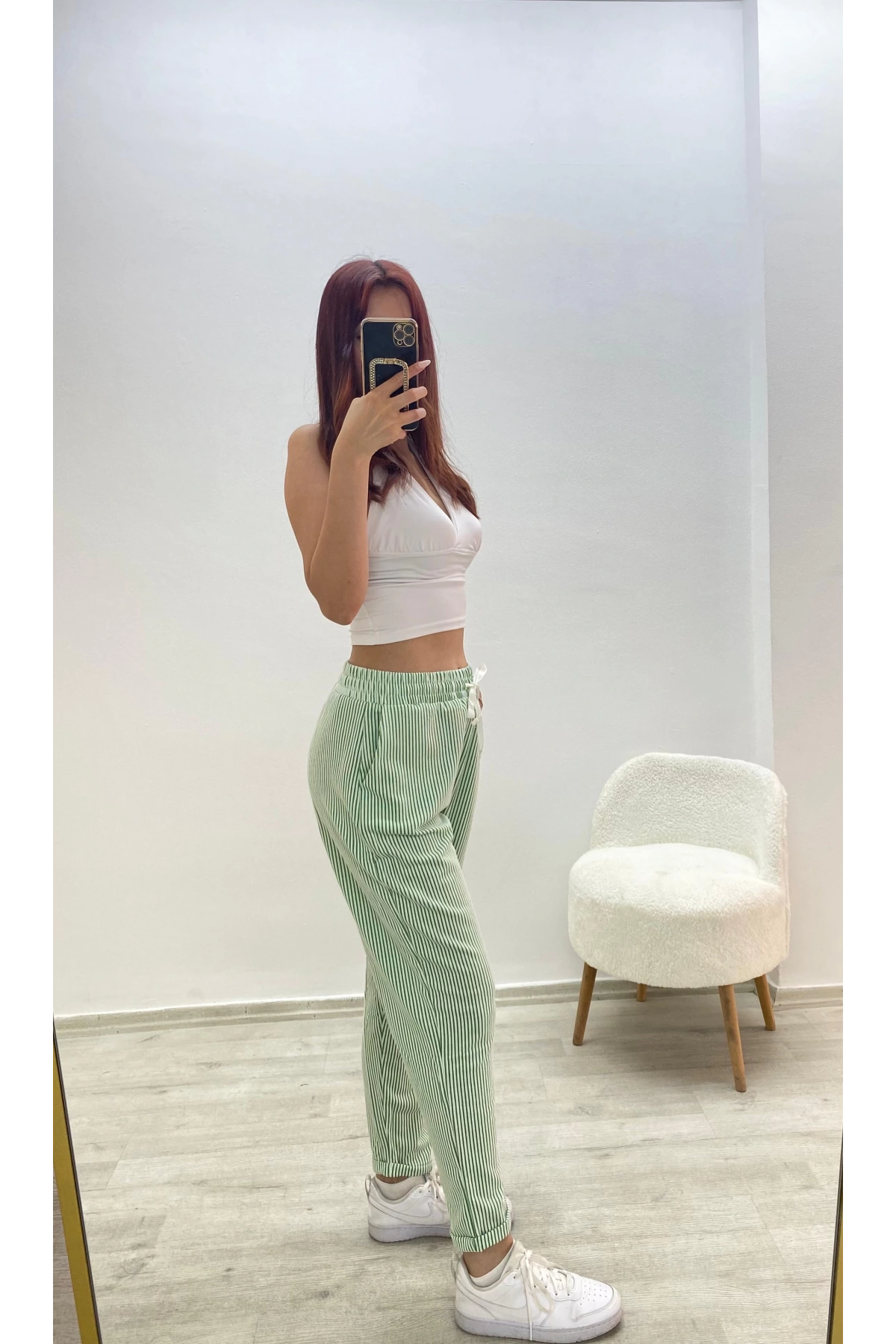 Çizgili Rahat Kesim Pantolon Yeşil