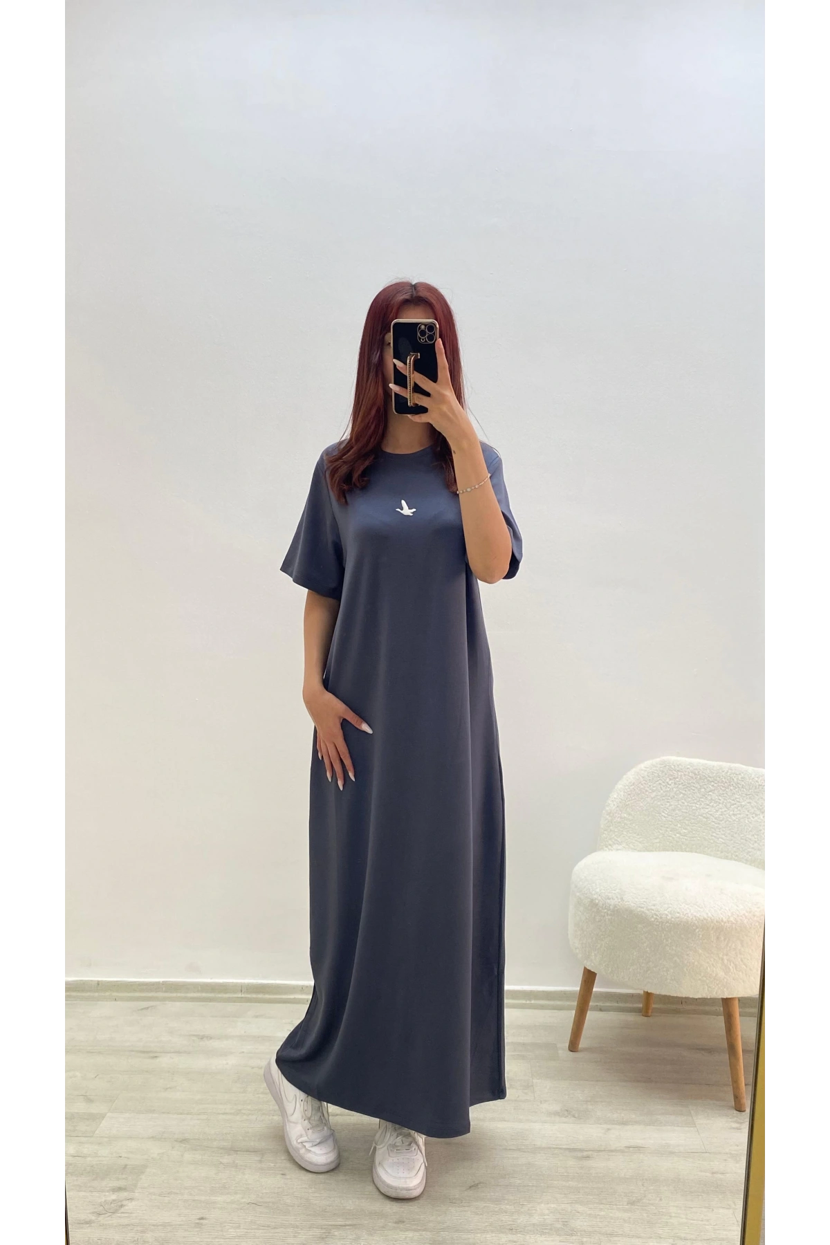 Kuş Baskılı Elbise Füme