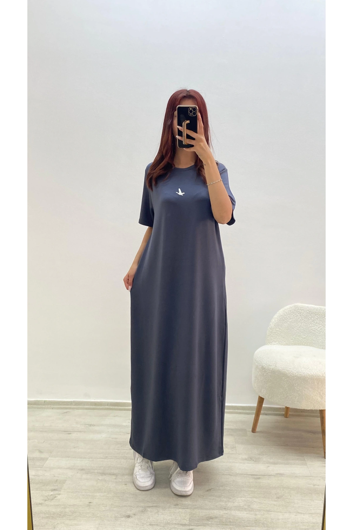 Kuş Baskılı Elbise Füme