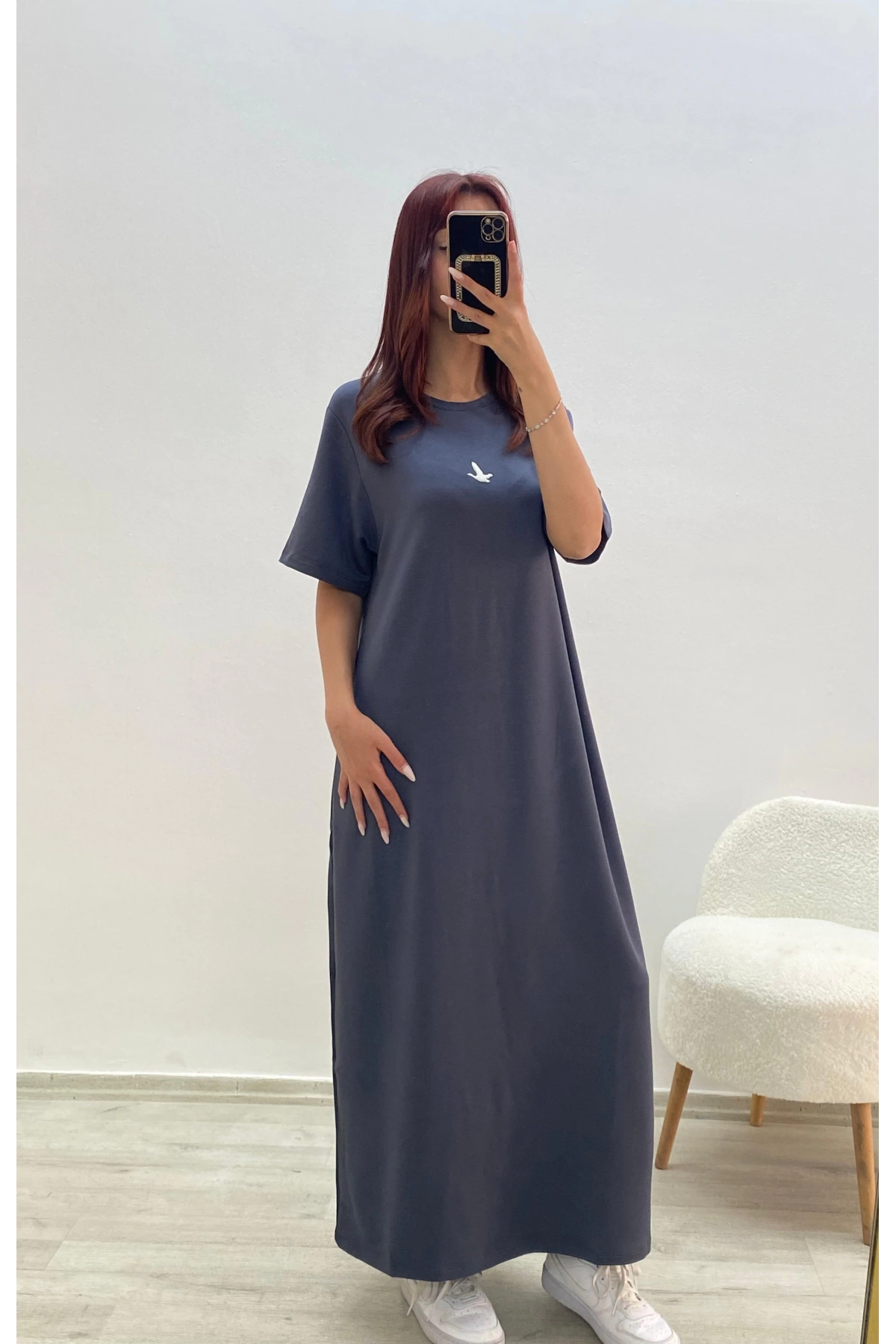 Kuş Baskılı Elbise Füme