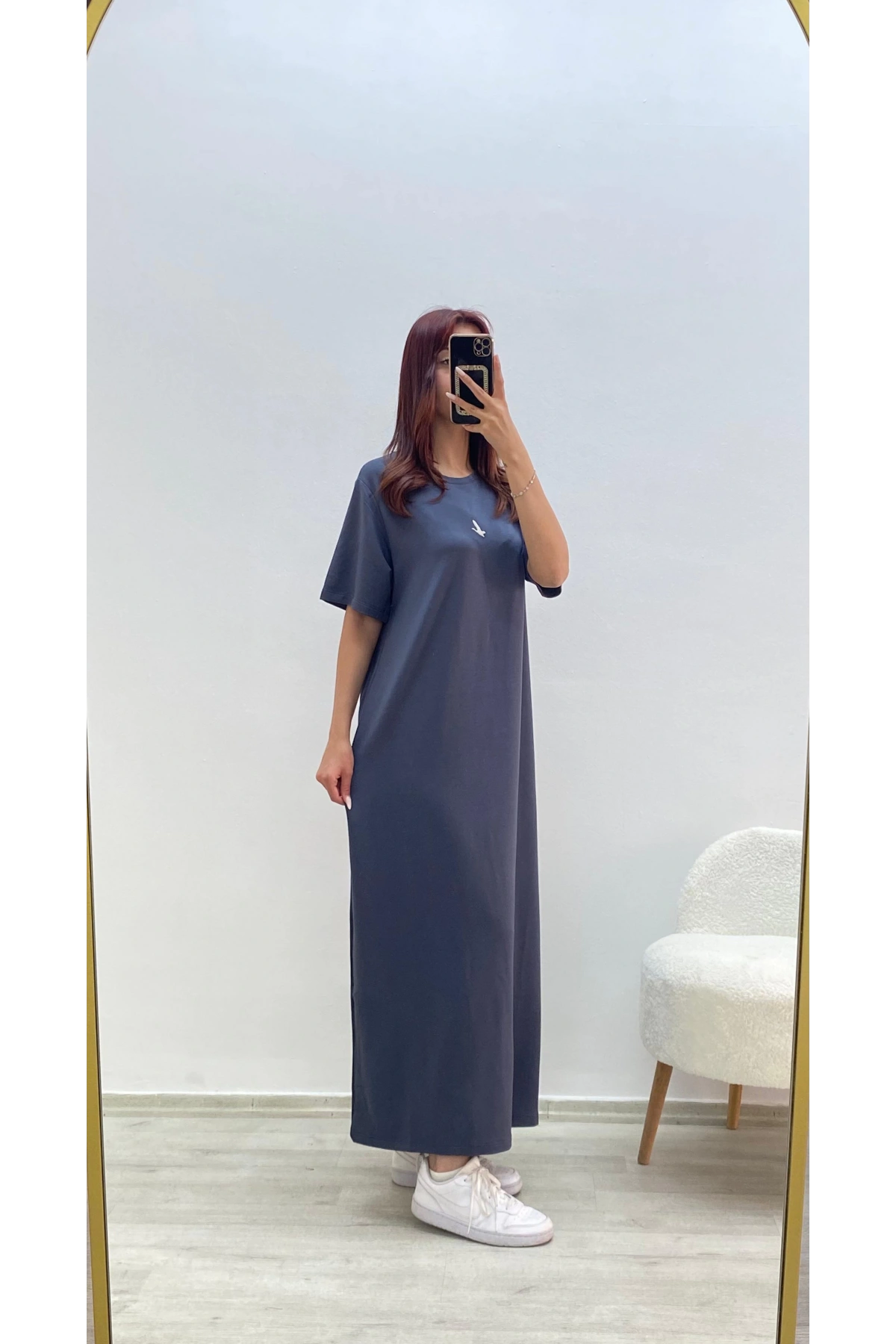 Kuş Baskılı Elbise Füme