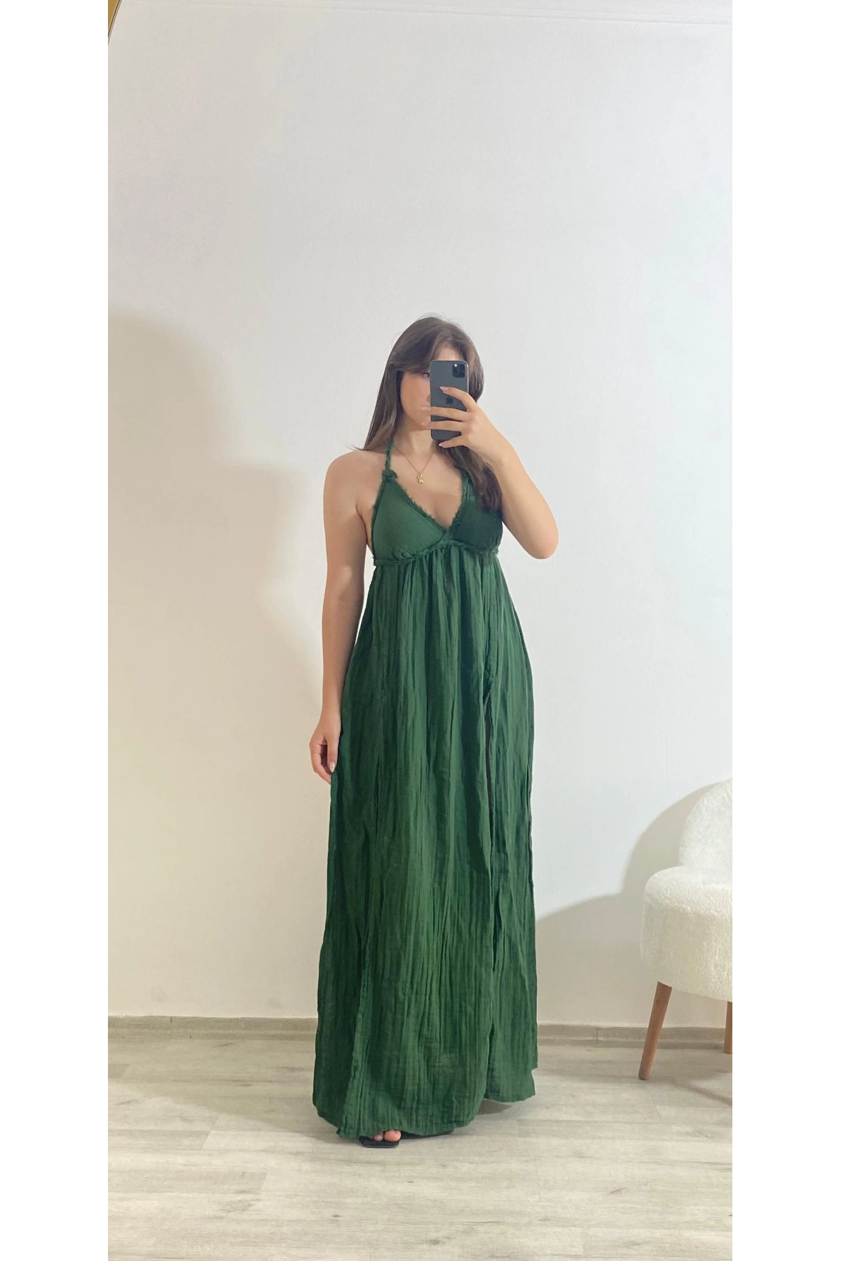 Askılı Yırtmaç Detaylı Yazlık Uzun Elbise Haki