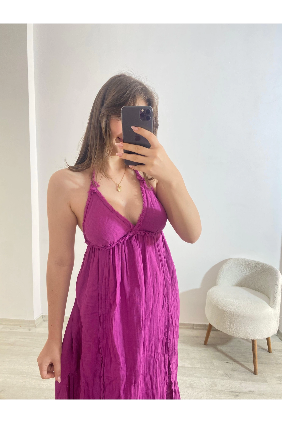 Askılı Yırtmaç Detaylı Yazlık Uzun Elbise Lila Koyu