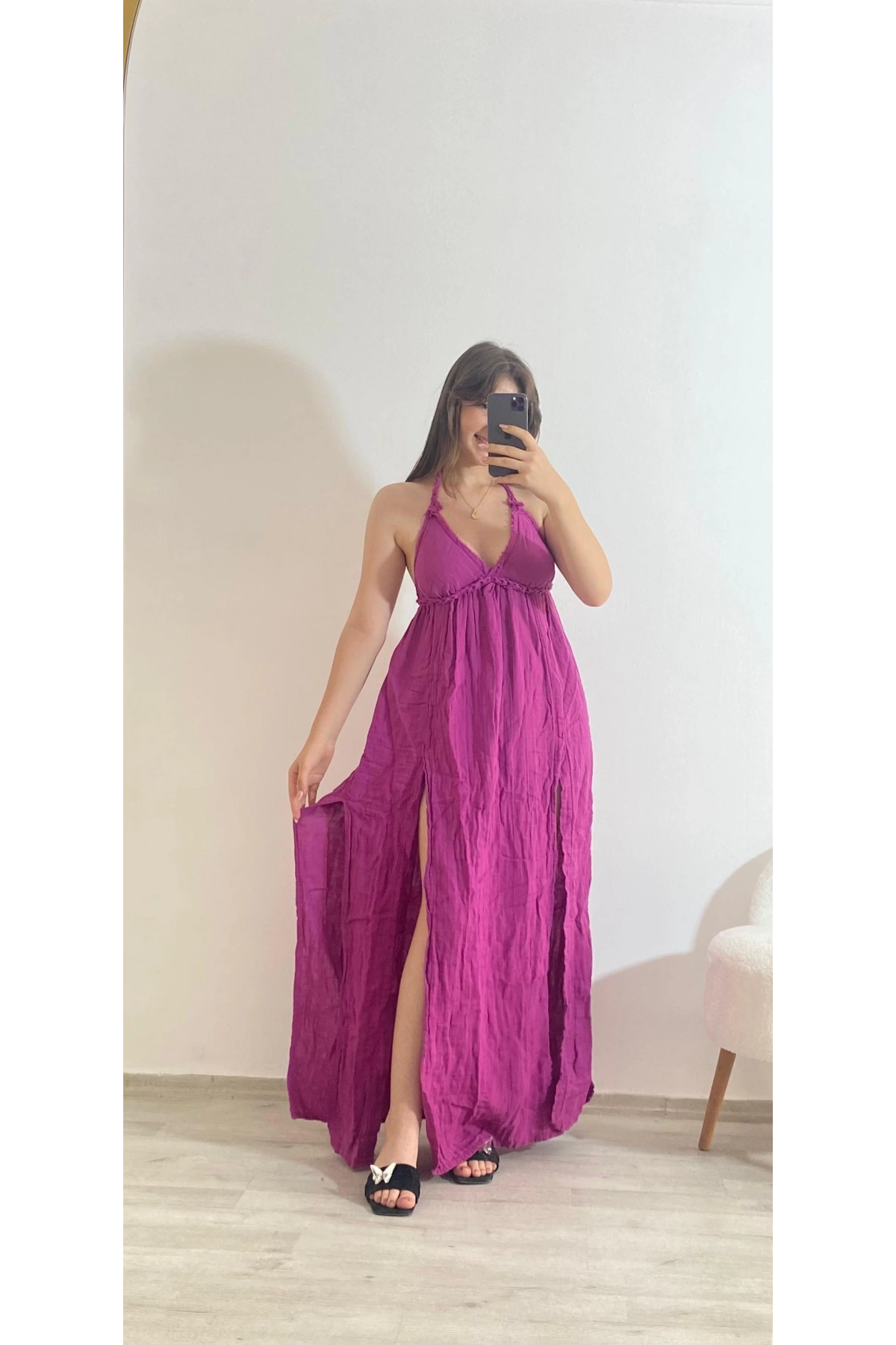 Askılı Yırtmaç Detaylı Yazlık Uzun Elbise Lila Koyu