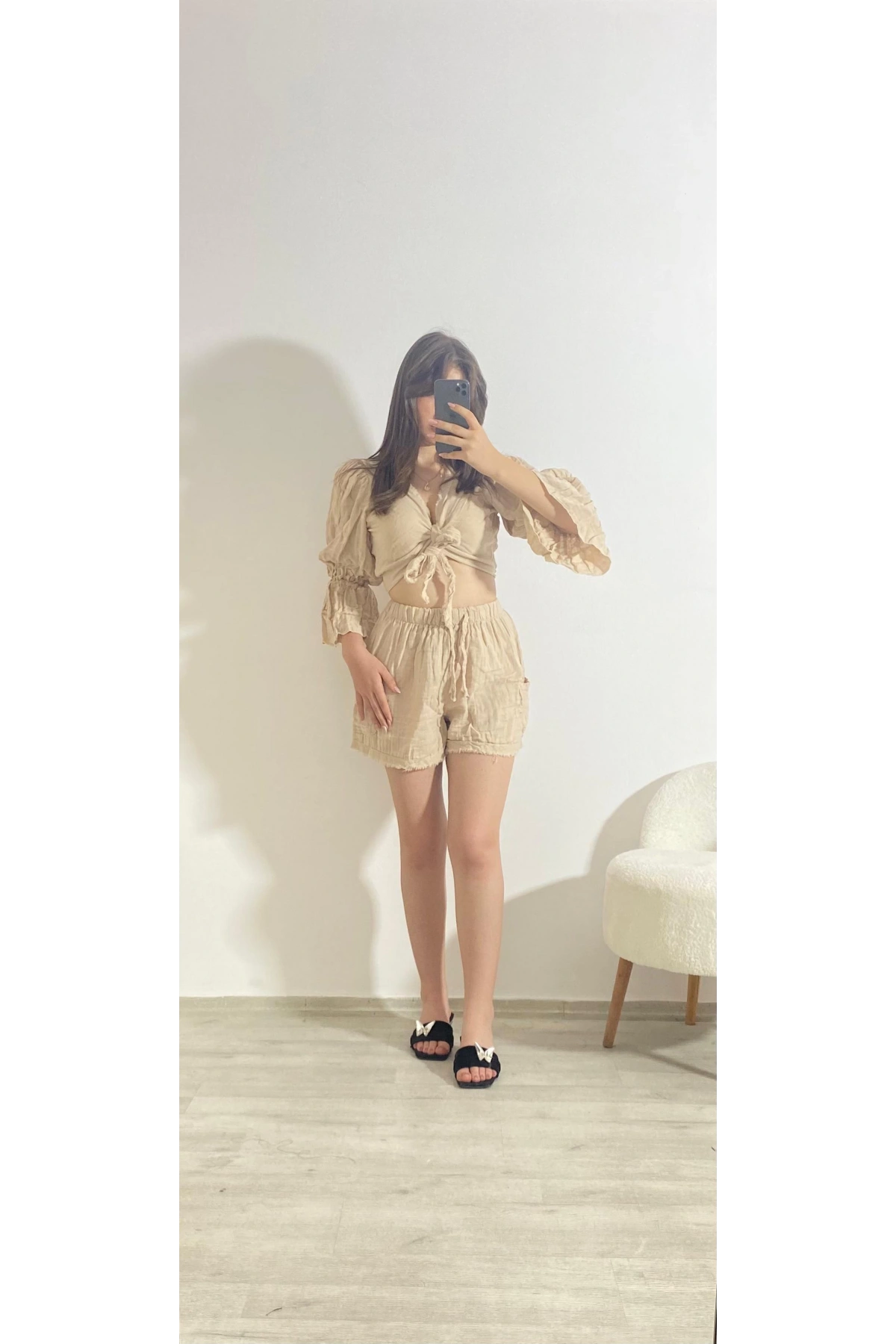 Yaka Kısa Keten Elbise – Krem Kruvaze