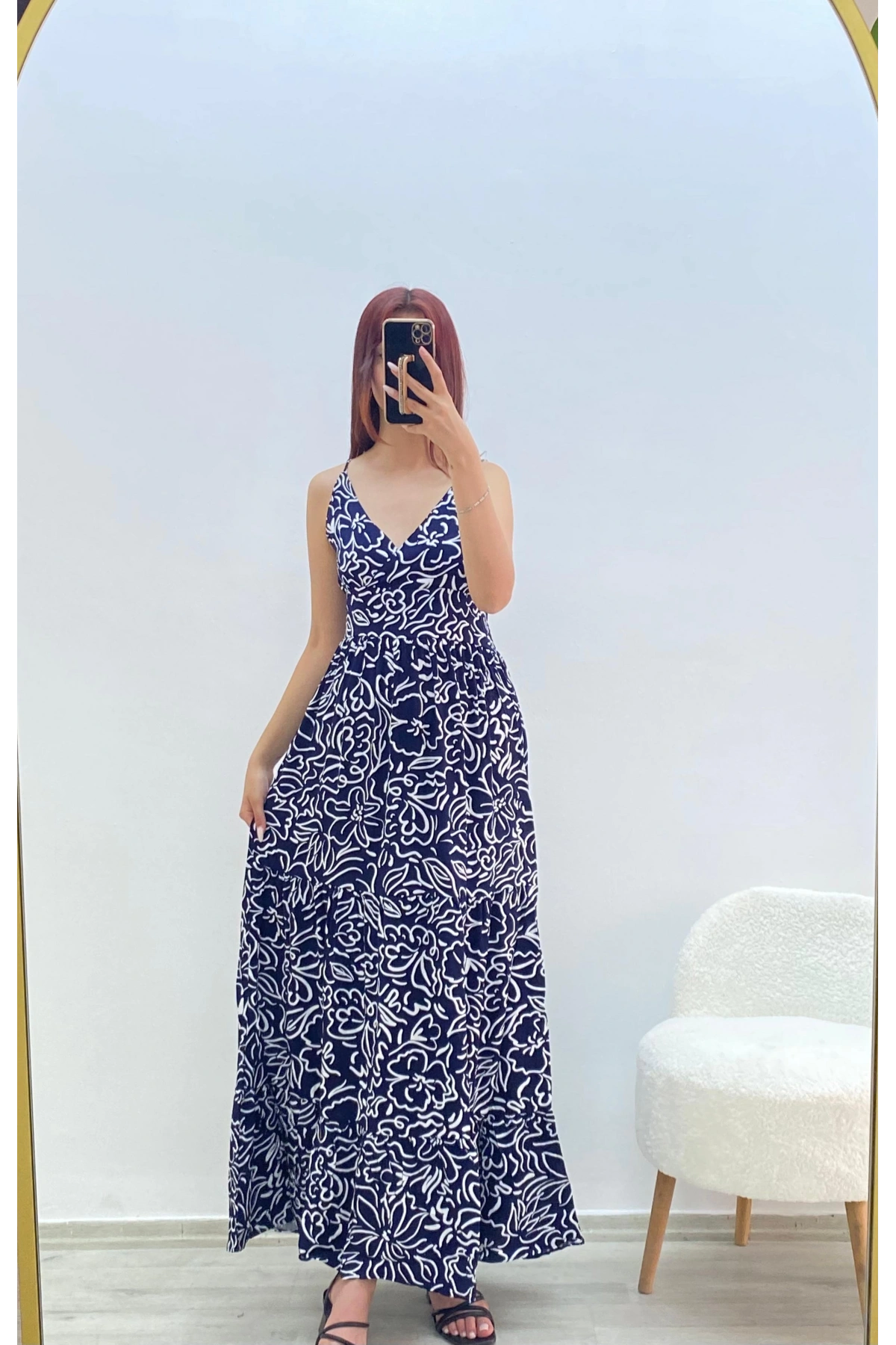Askılı Belmando Desenli İp Askılı Elbise Lacivert