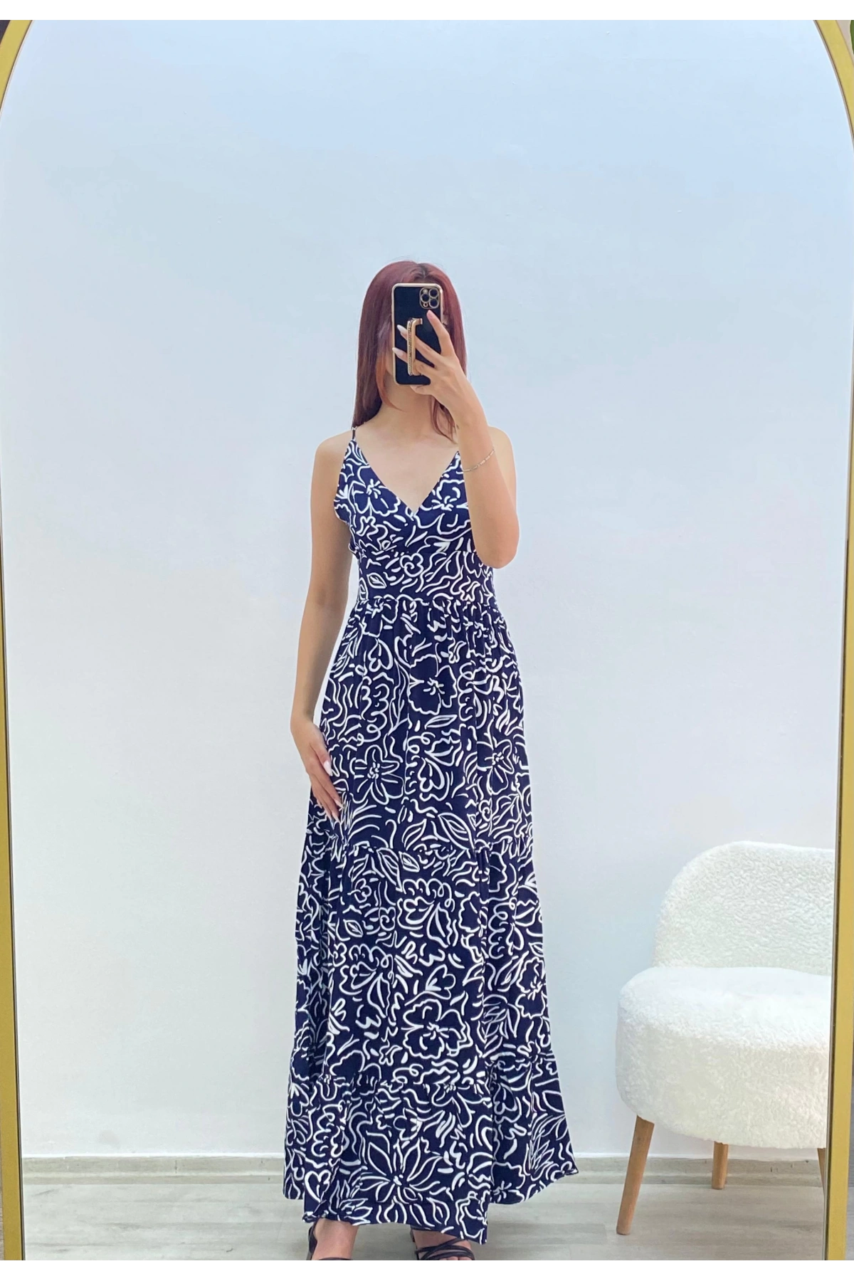 Askılı Belmando Desenli İp Askılı Elbise Lacivert